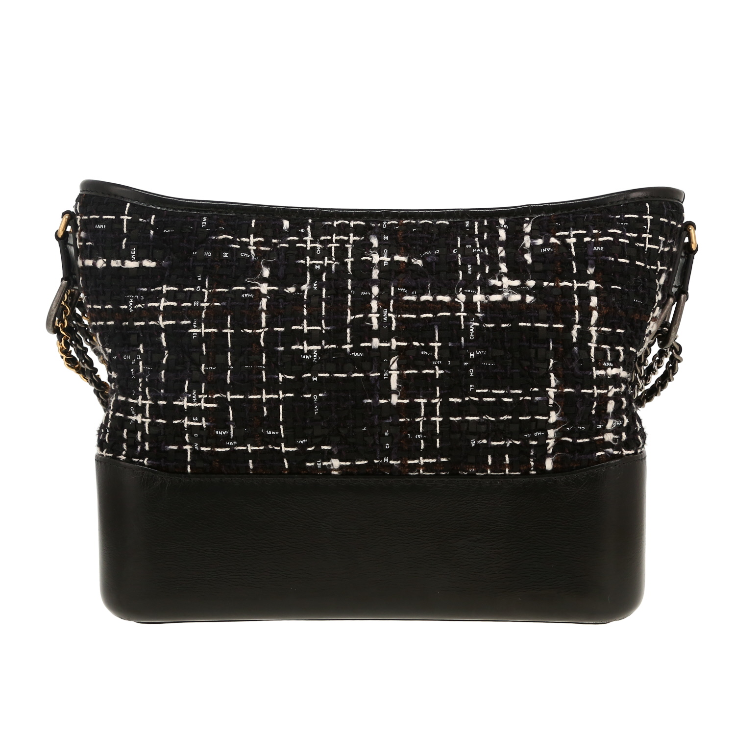 Chanel Gabrielle shoulder bag in black and white tweed and black leather - Detail D4