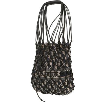 Bolso de mano Dior   en lona Monogram Oblique azul marino y beige y cuero negro