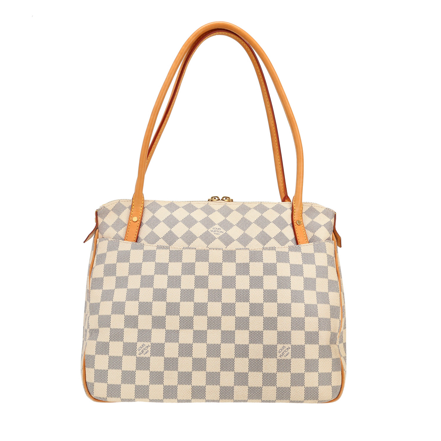 Louis Vuitton  Figheri handbag  in azur damier canvas  and natural leather - Detail D4