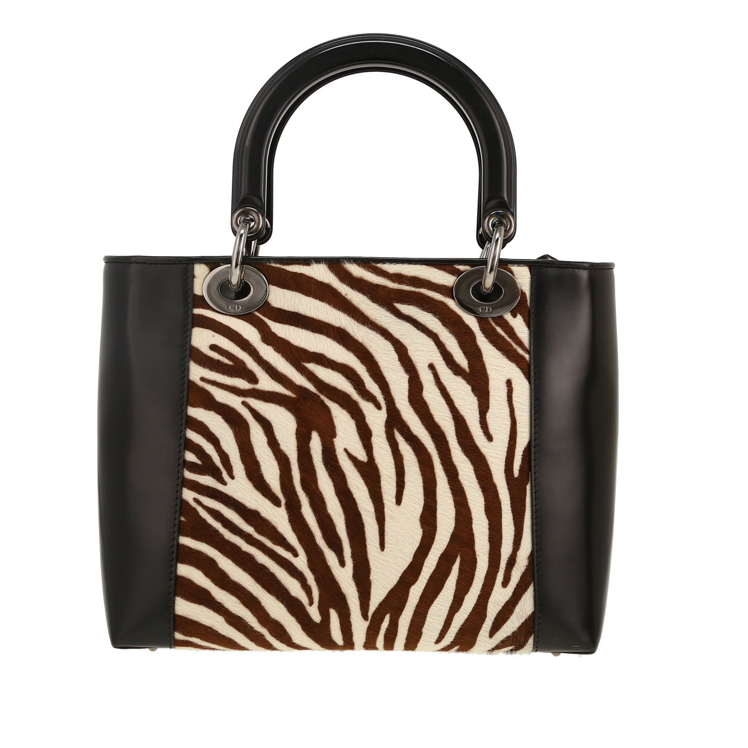 Borsa Dior  Lady Dior in puledro marrone e bianco e pelle nera - Detail D4