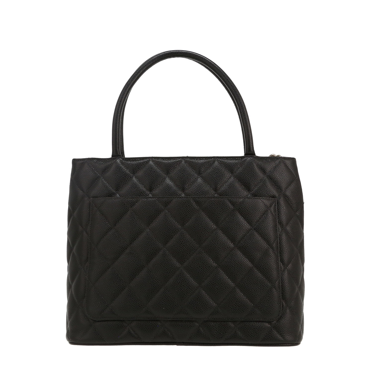 Chanel Medaillon handbag in black quilted grained leather - Detail D4