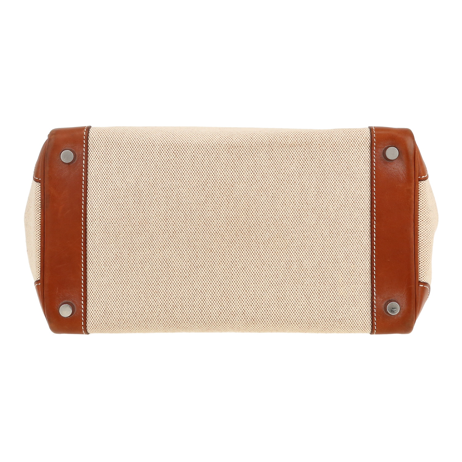 Hermès  Birkin 30 cm handbag  in gold Barenia leather  and beige canvas - Detail D1