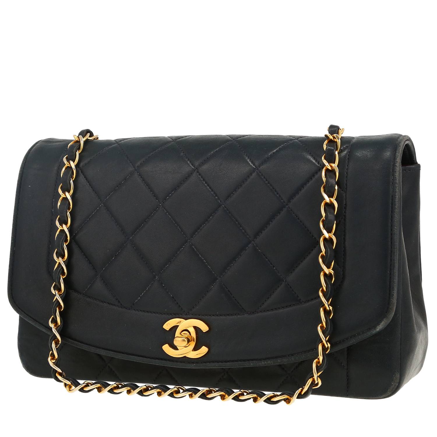 Bolso bandolera Chanel Diana en cuero acolchado azul marino - 00pp