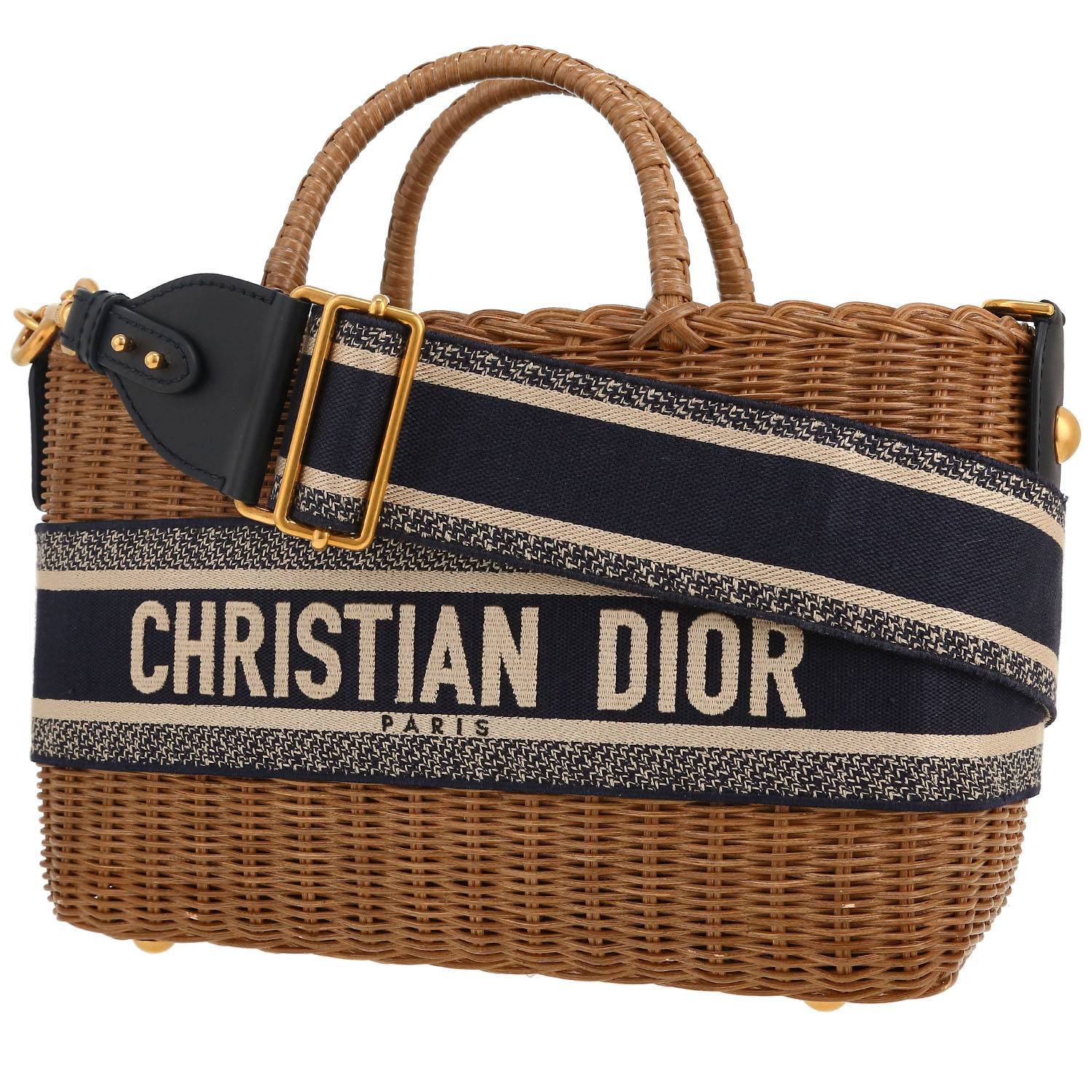 Dior shopping bag in beige wicker and navy blue canvas