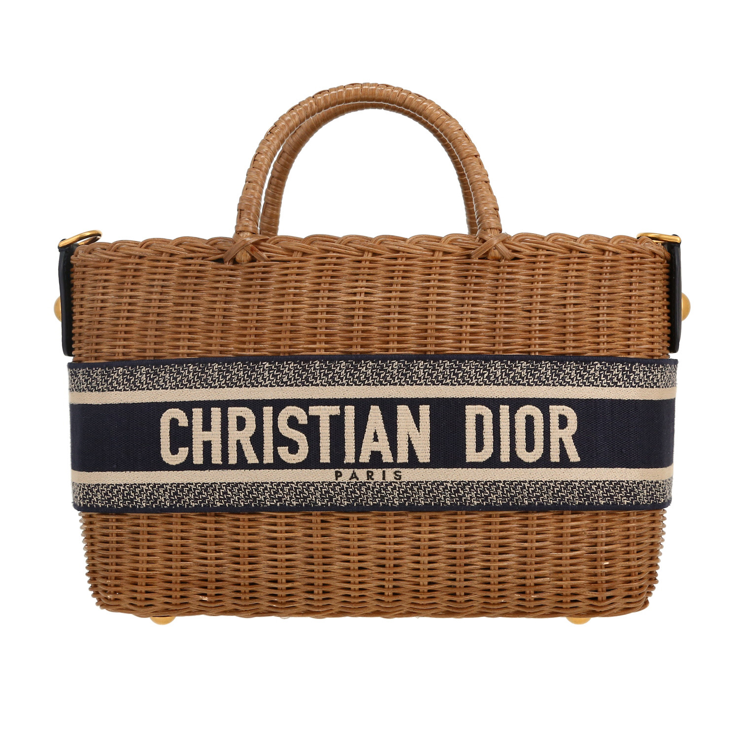 Dior shopping bag in beige wicker and navy blue canvas - Detail D4