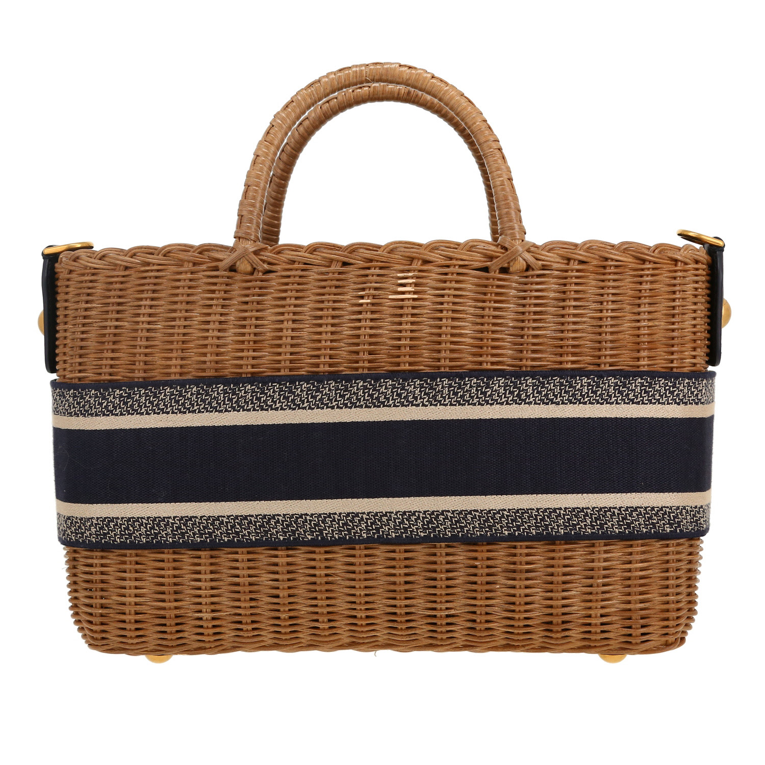 Dior shopping bag in beige wicker and navy blue canvas - Detail D5