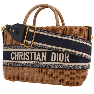 Dior   shopping bag  in beige wicker  and navy blue canvas