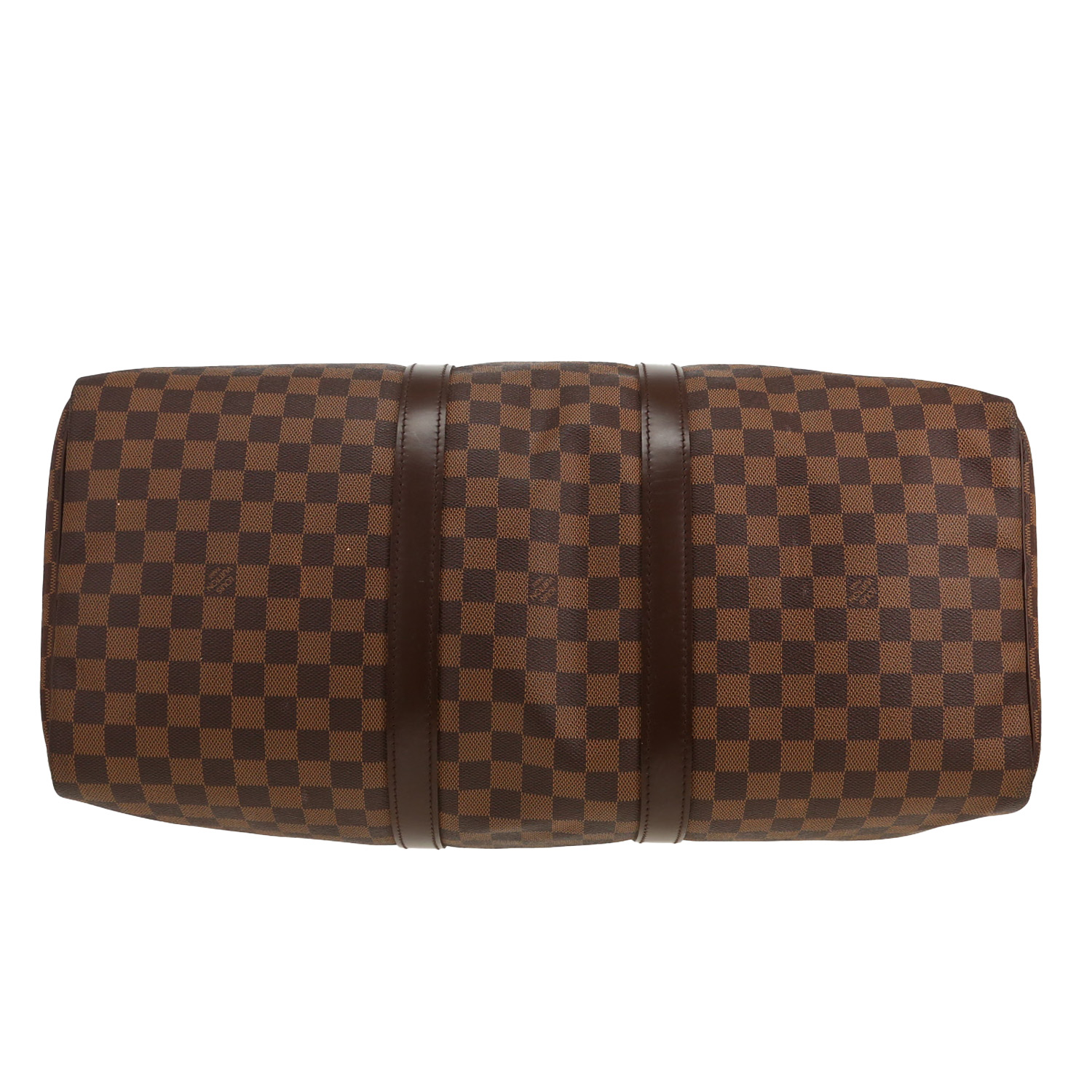Borsa da viaggio Louis Vuitton Keepall 50 in tela Damier Ébène e pelle marrone - Detail D1