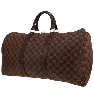 Borsa da viaggio Louis Vuitton Keepall 50 in tela Damier Ébène e pelle marrone