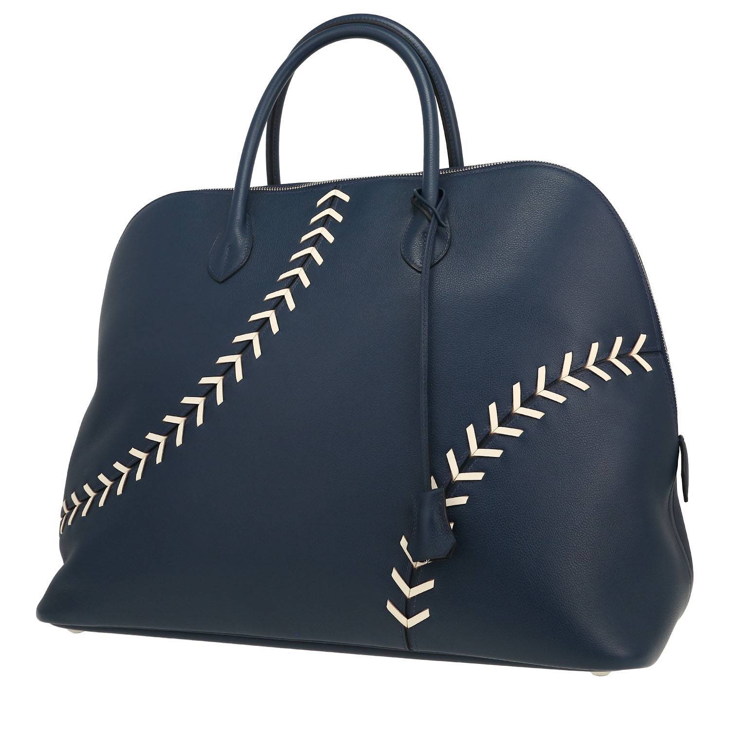 Sac de voyage Hermès  Bolide - Travel Bag en cuir Evergrain bleu et blanc