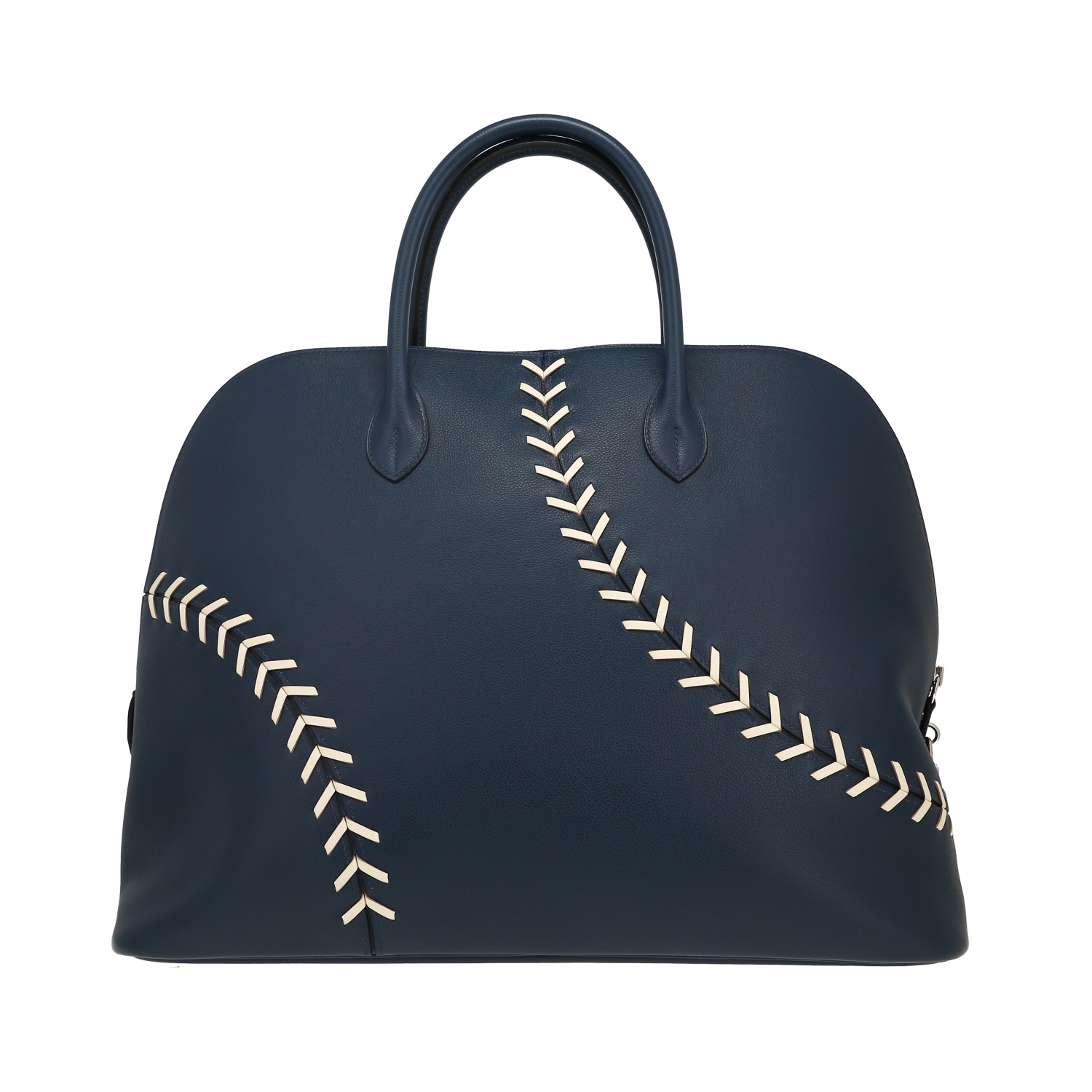 Borsa da viaggio Hermès Bolide - Travel Bag in pelle Evergrain blu e bianca - Detail D4