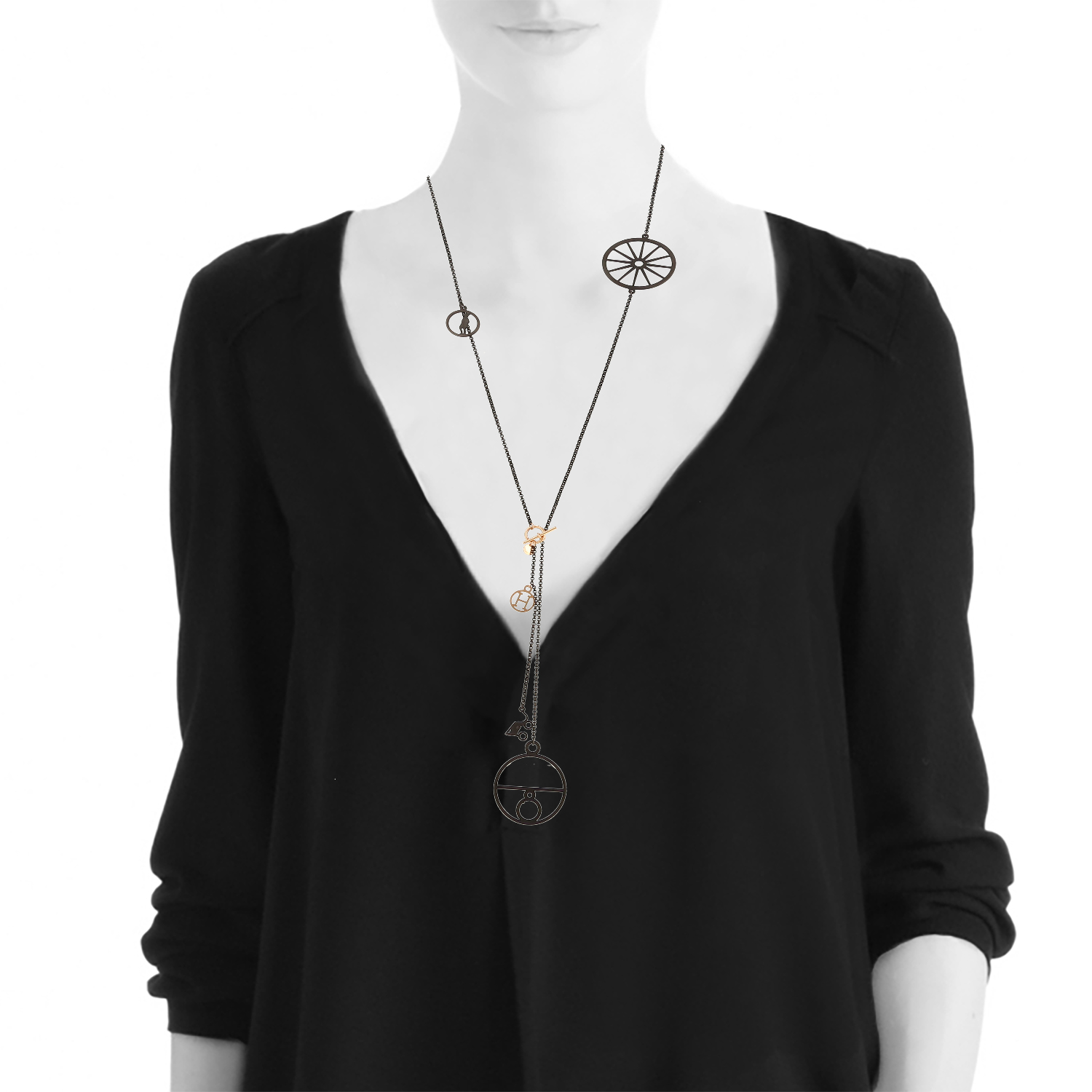 Collar Hermès Crazy Calèche de plata negro y oro rosa - Detail D1