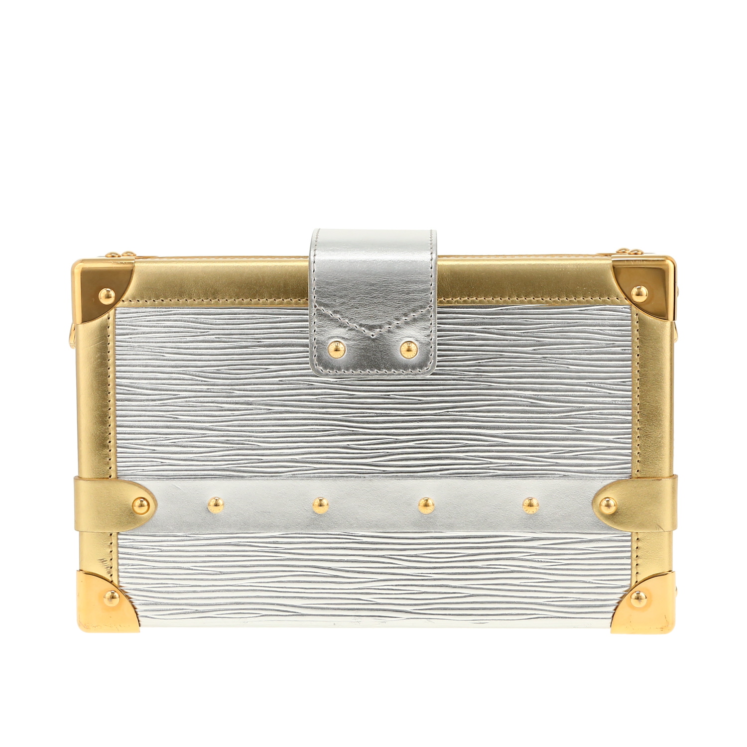 Bolso bandolera Louis Vuitton  Petite Malle en cuero Epi plateado y cuero dorado - Detail D4