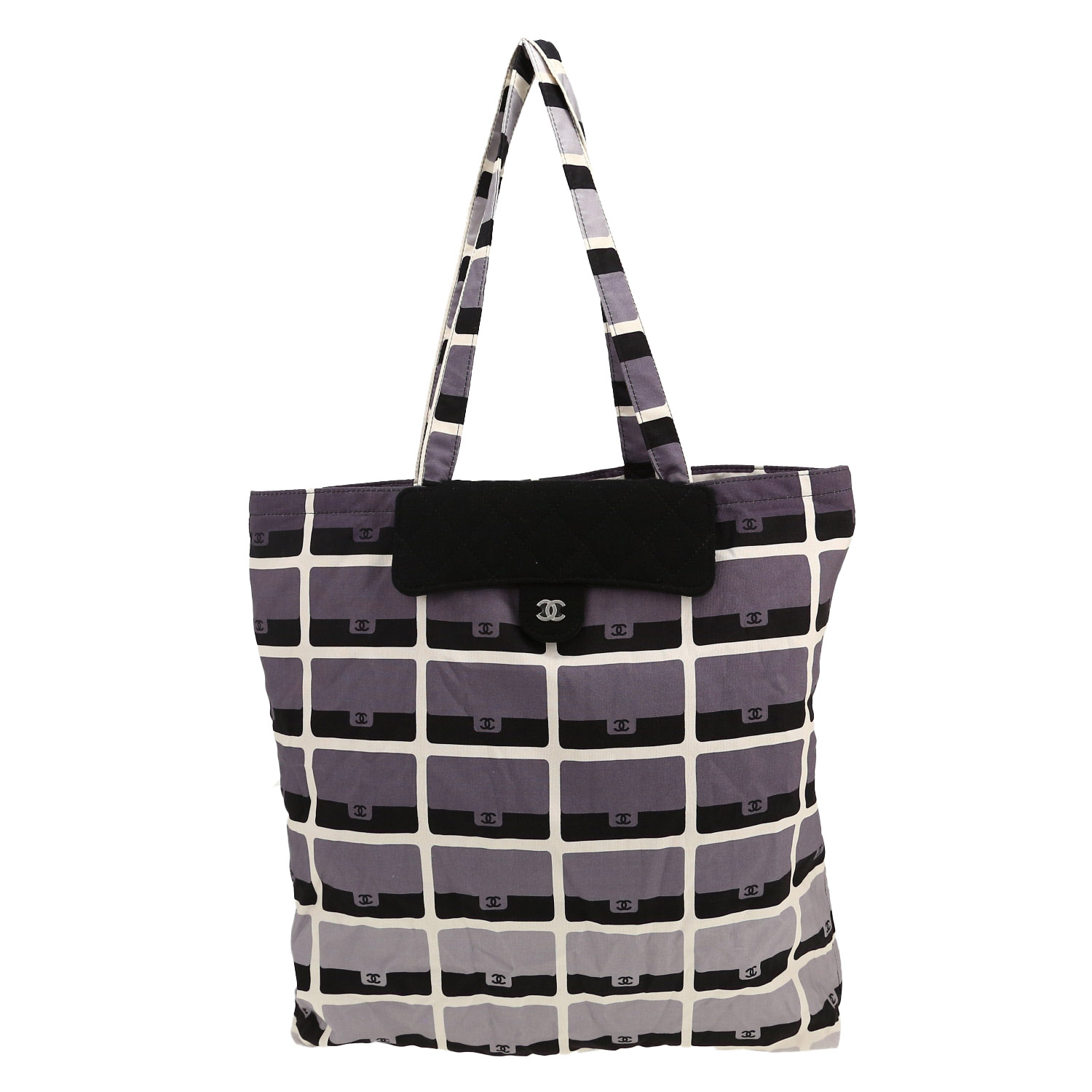 Shopping bag Chanel   in tela grigia nera e bianca e jersey nero - Detail D5
