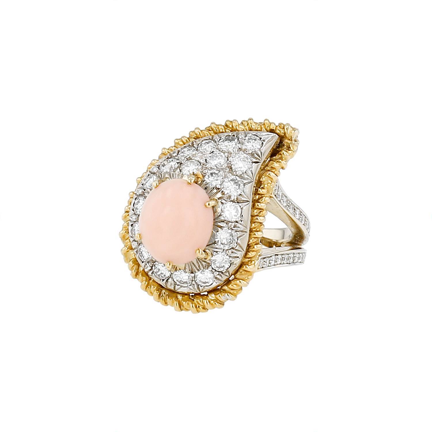 Bague Vintage en or blanc, or jaune, corail et diamants - 00pp