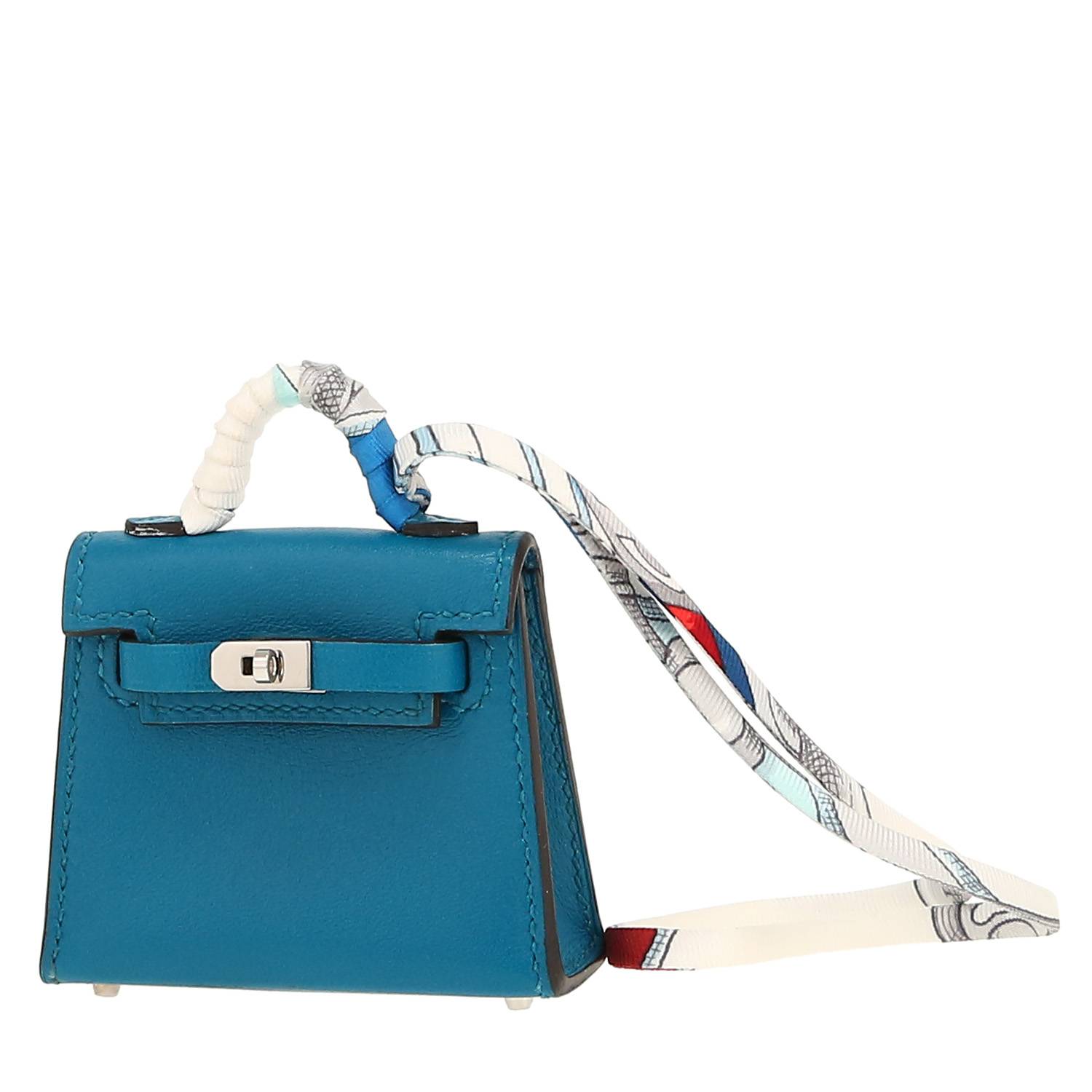 Hermès Kelly Twilly bag charm bag in blue Mysore leather and multicolor silk