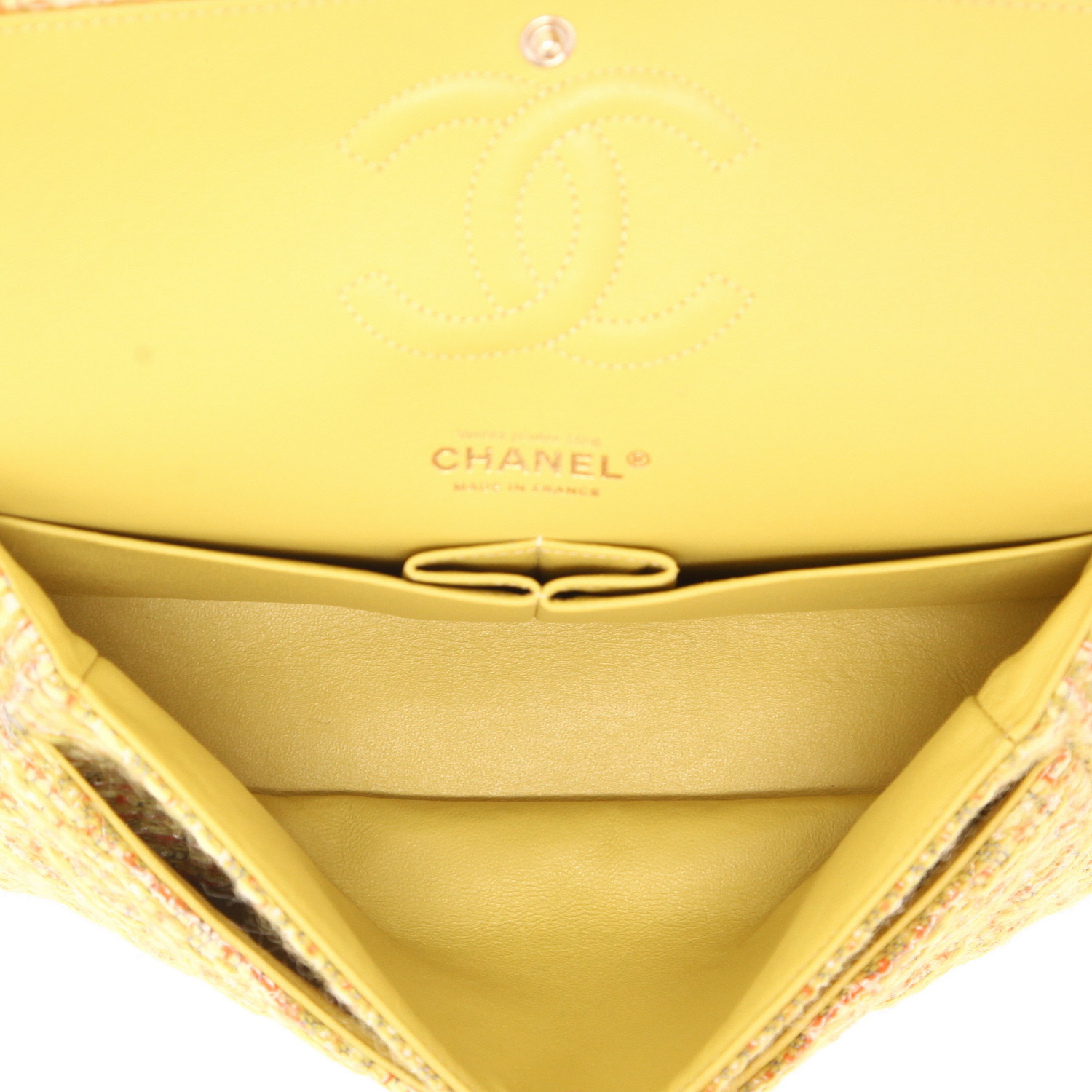 Bolso de mano Chanel  Timeless Classic en tweed amarillo y verde - Detail D3