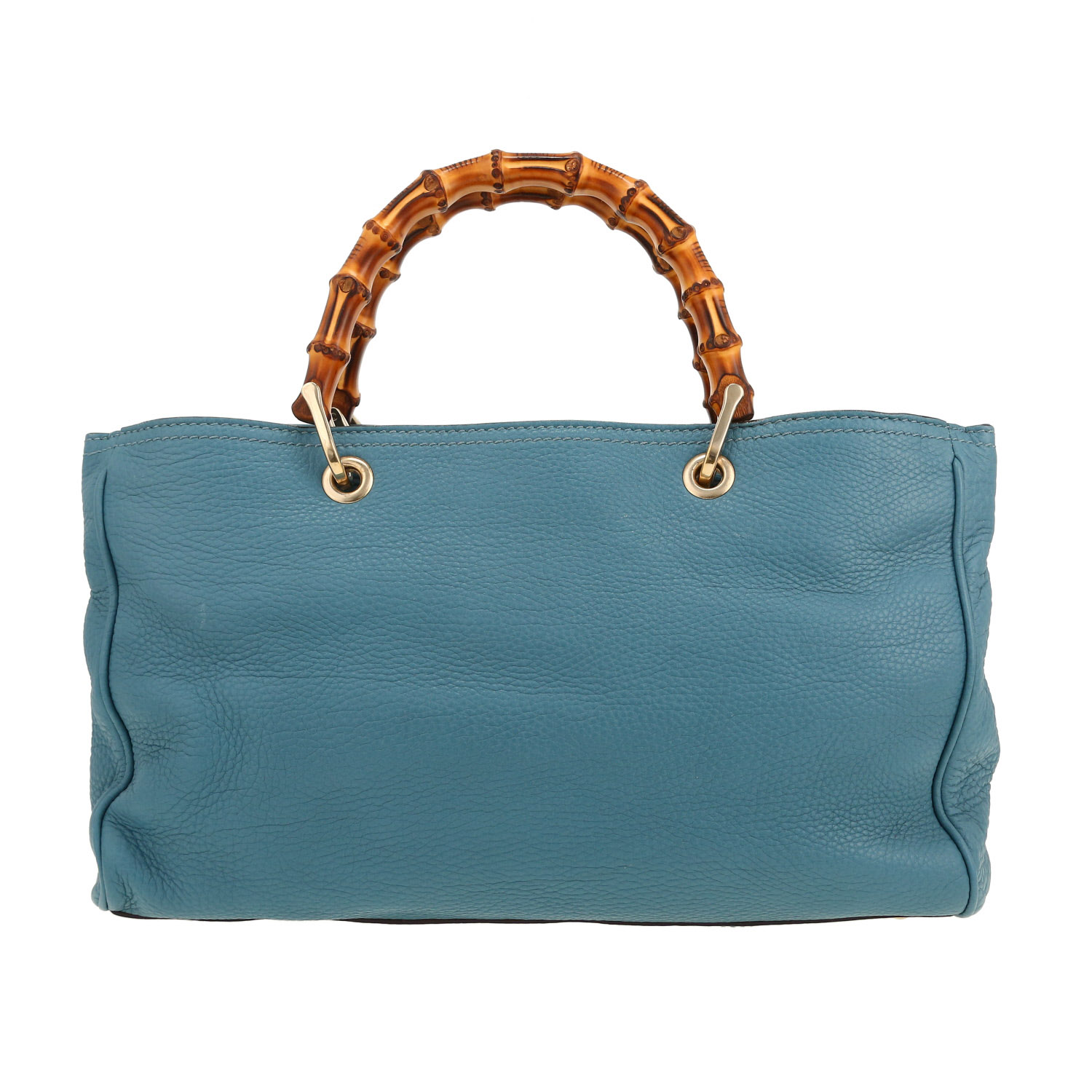 Gucci Bamboo large model shoulder bag in blue grained leather and bamboo - Detail D4