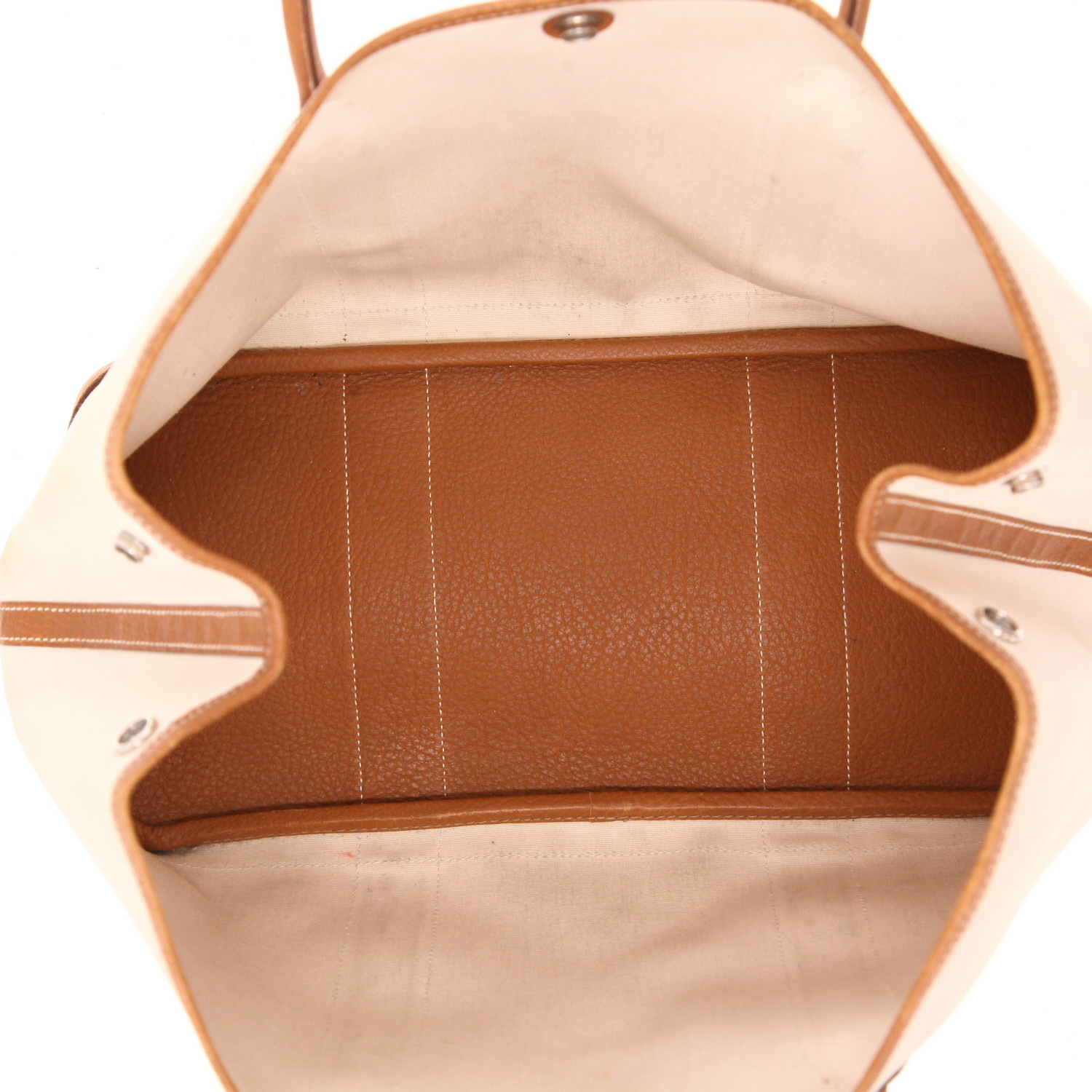 Hermès Garden shopping bag in beige canvas and brown leather - Detail D3