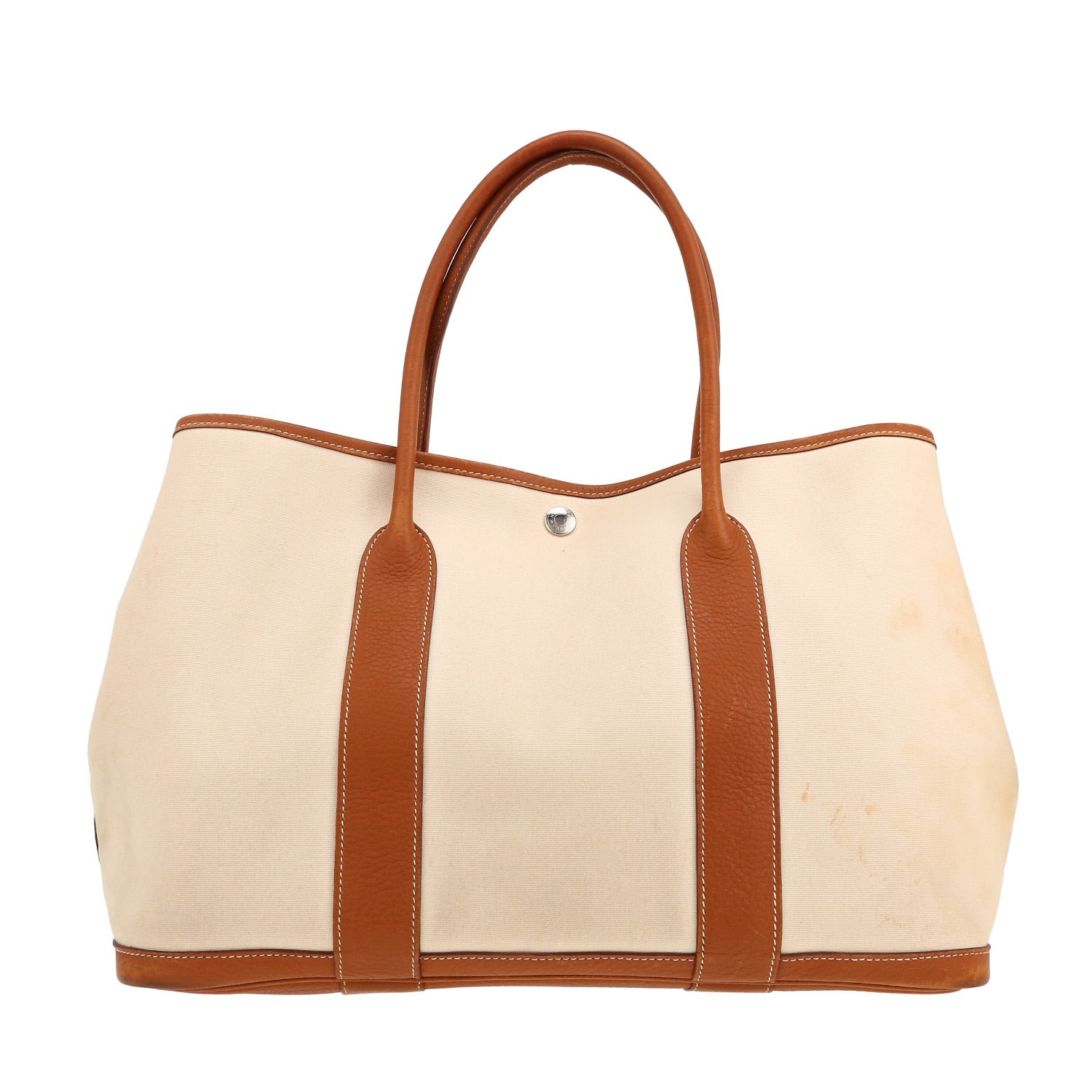 Hermès Garden shopping bag in beige canvas and brown leather - Detail D4