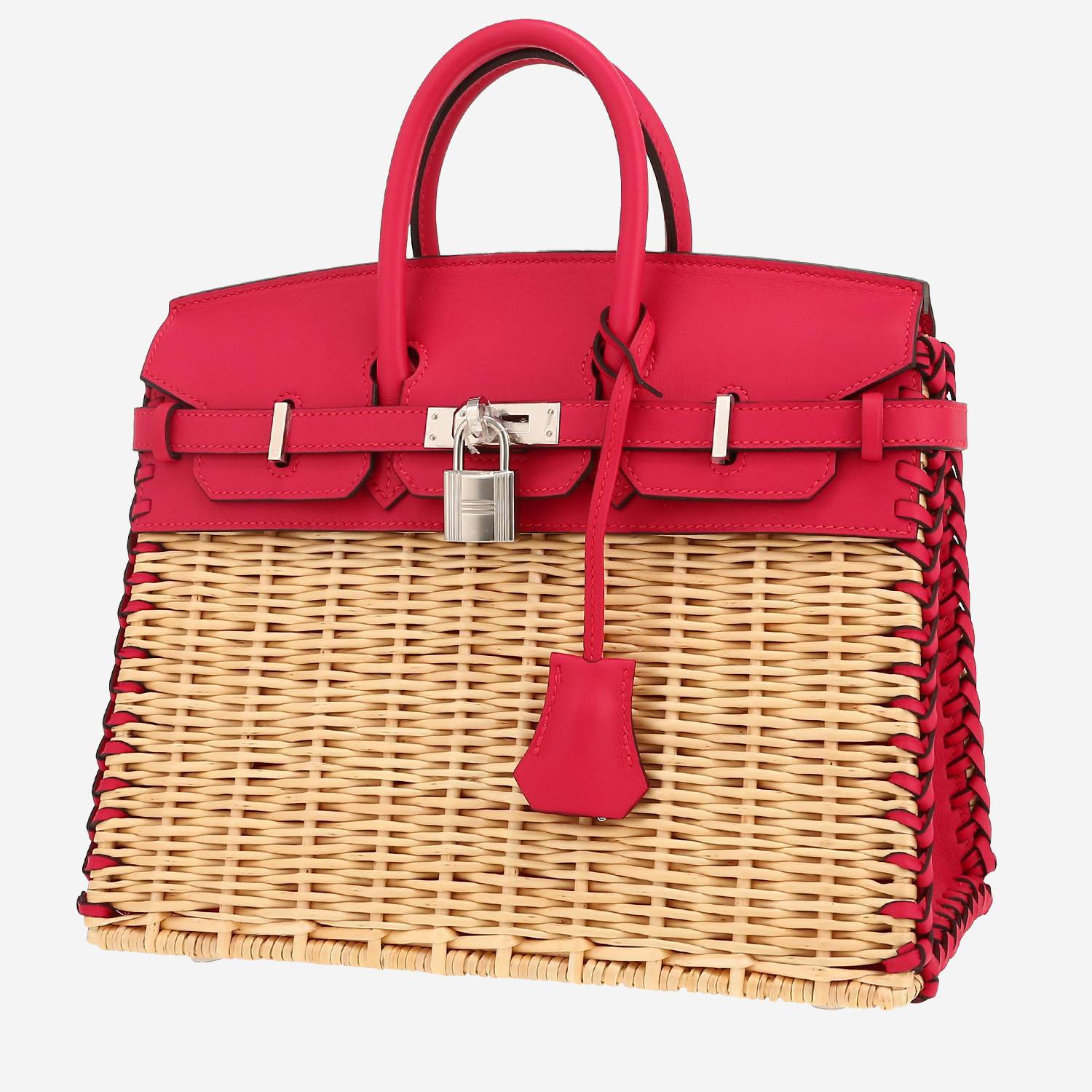 Sac à main Hermès  Birkin 25 cm Picnic en cuir Swift rose-framboise et osier