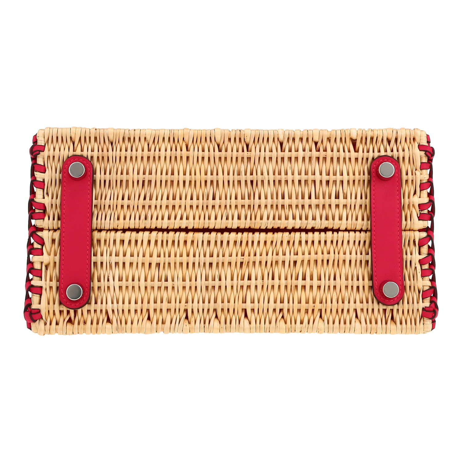 Bolso de mano Hermès  Birkin 25 cm Picnic en cuero swift color frambuesa y mimbre - Detail D1