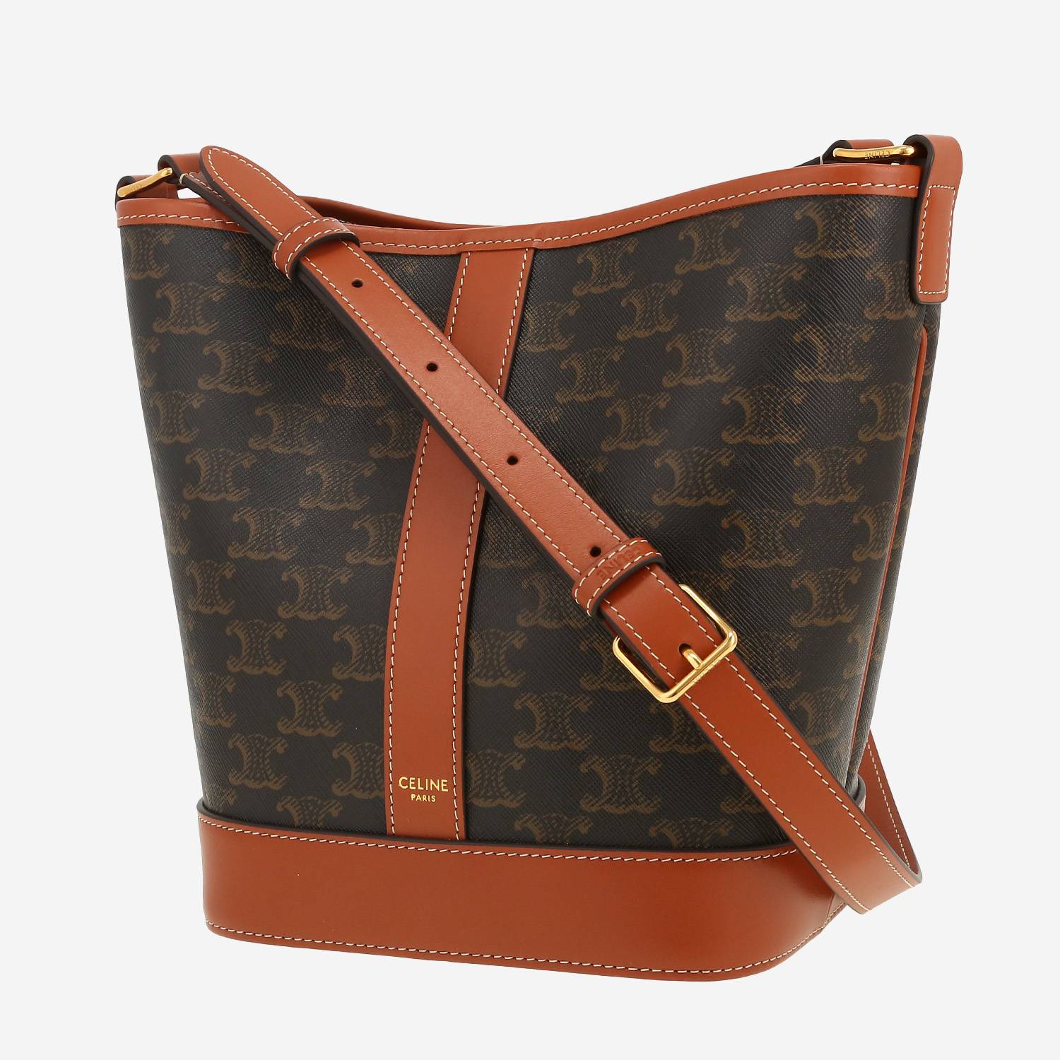 Bolso bandolera Celine  Seau modelo pequeño  en tejido "Triomphe" marrón y cuero marrón