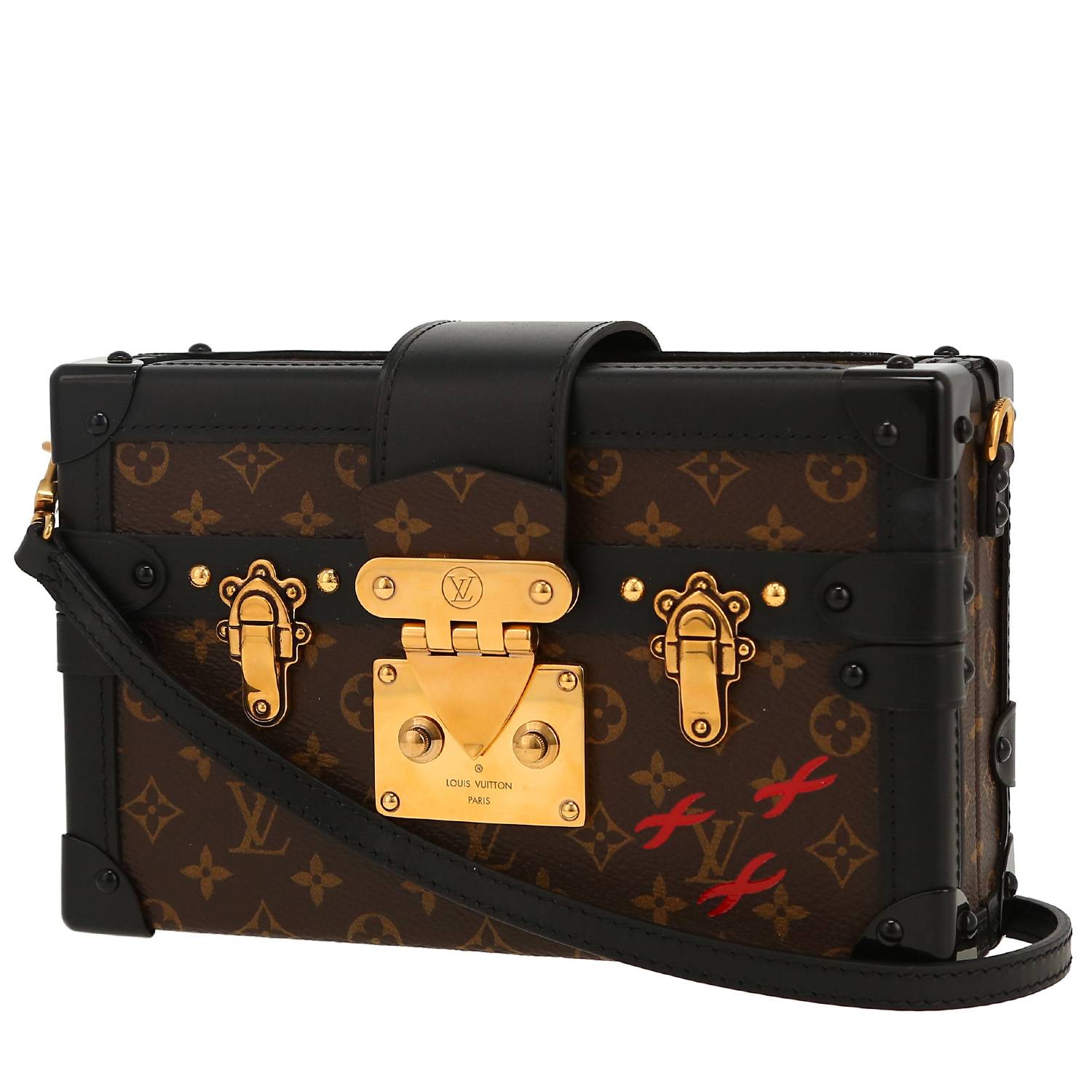 Baul Louis Vuitton  Petite Malle en lona Monogram marrón y cuero negro
