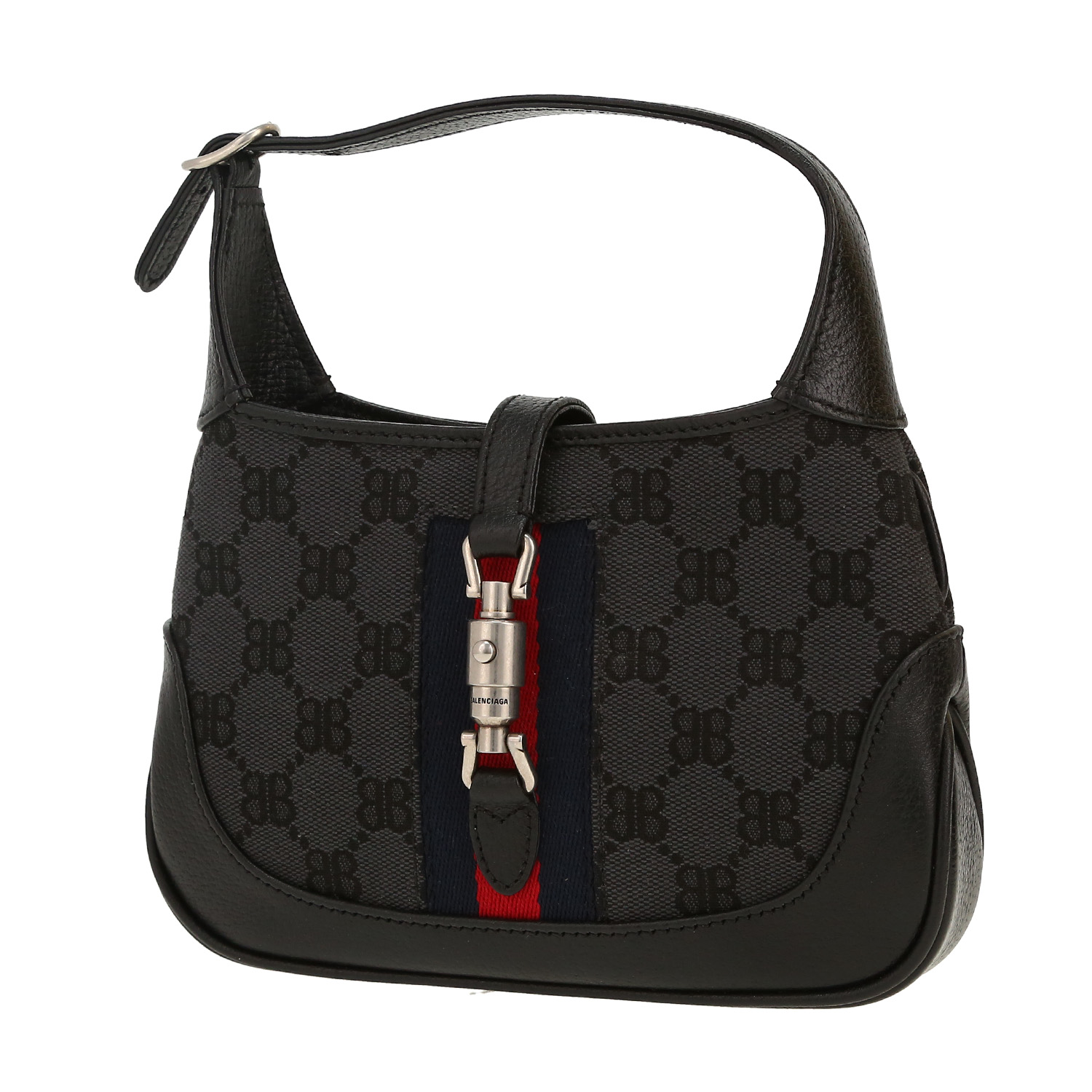 Sac bandoulière Gucci x Balenciaga Jackie en toile siglée noire et cuir noir - Detail D4