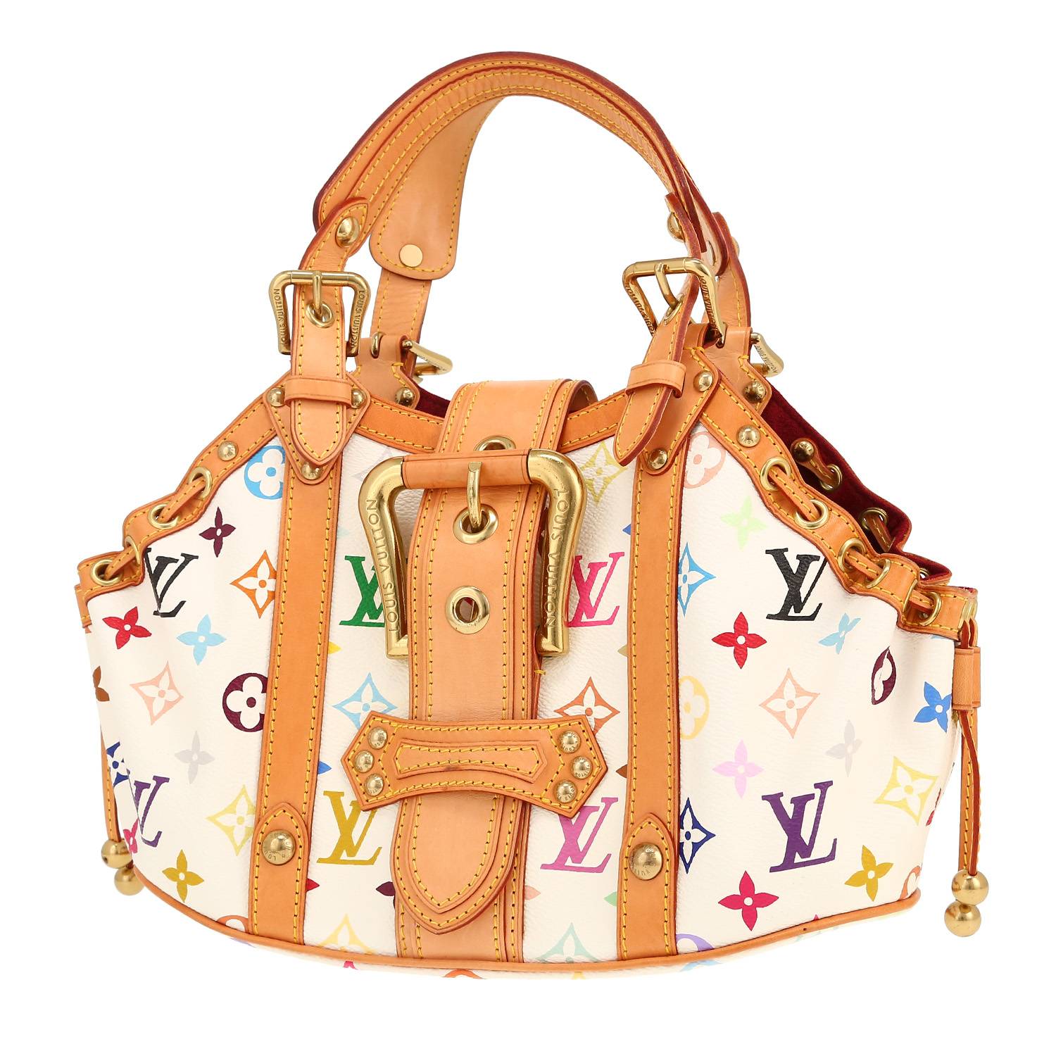 Sac à main Louis Vuitton  Theda en toile monogram blanche et multicolore et cuir naturel