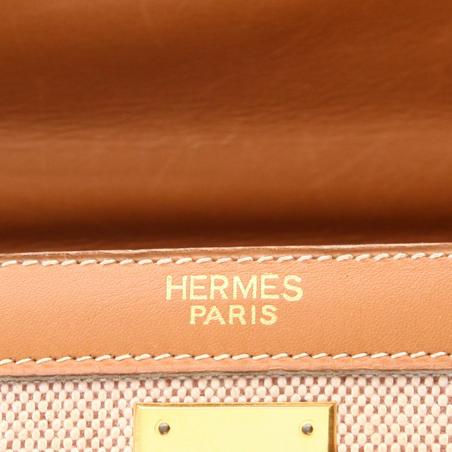 Borsa Hermès  Kelly 35 cm in pelle Chamonix gold e tela beige - Detail D2
