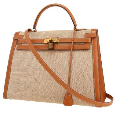 Sac à main Hermès  Kelly 35 cm en cuir Chamonix gold et toile beige