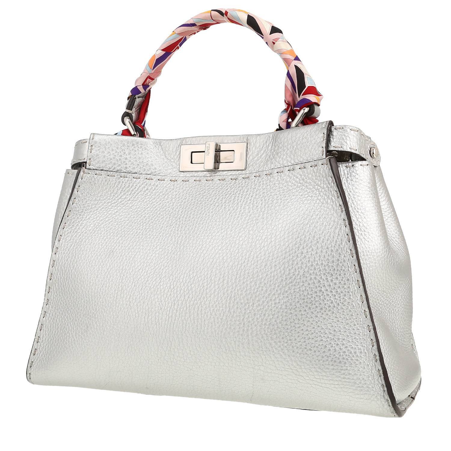Fendi Peekaboo Selleria medium model handbag in silver grained leather