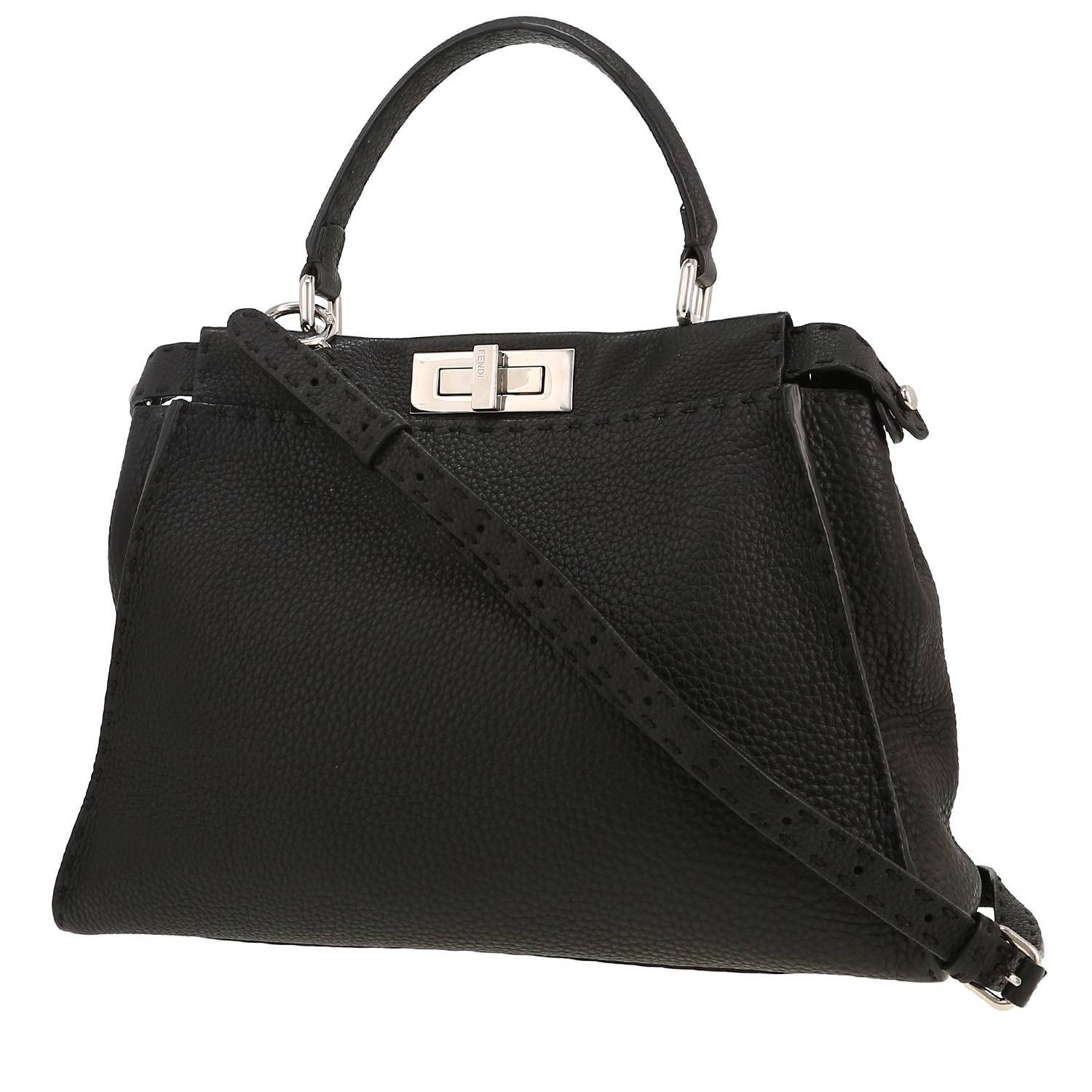 Bolso de mano Fendi  Peekaboo Selleria modelo mediano  en cuero granulado negro