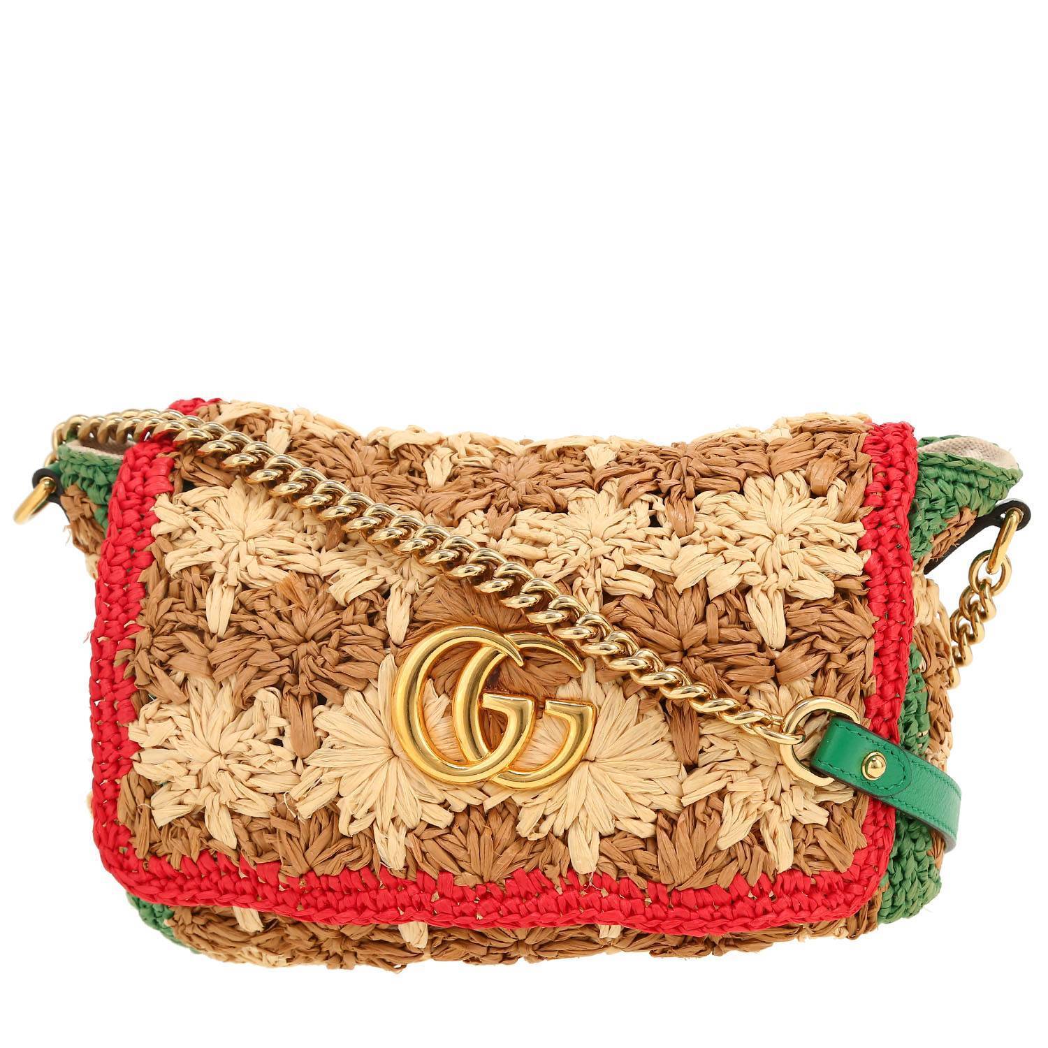 Borsa a tracolla Gucci  GG Marmont in rafia beige verde e rossa