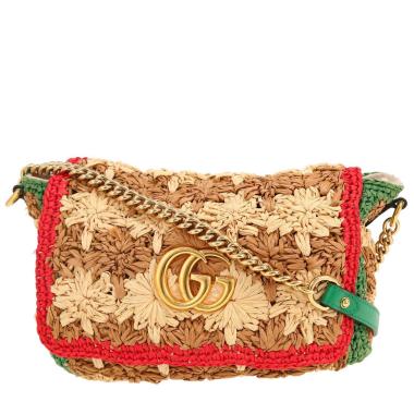 Borsa a tracolla Gucci  GG Marmont in rafia beige verde e rossa