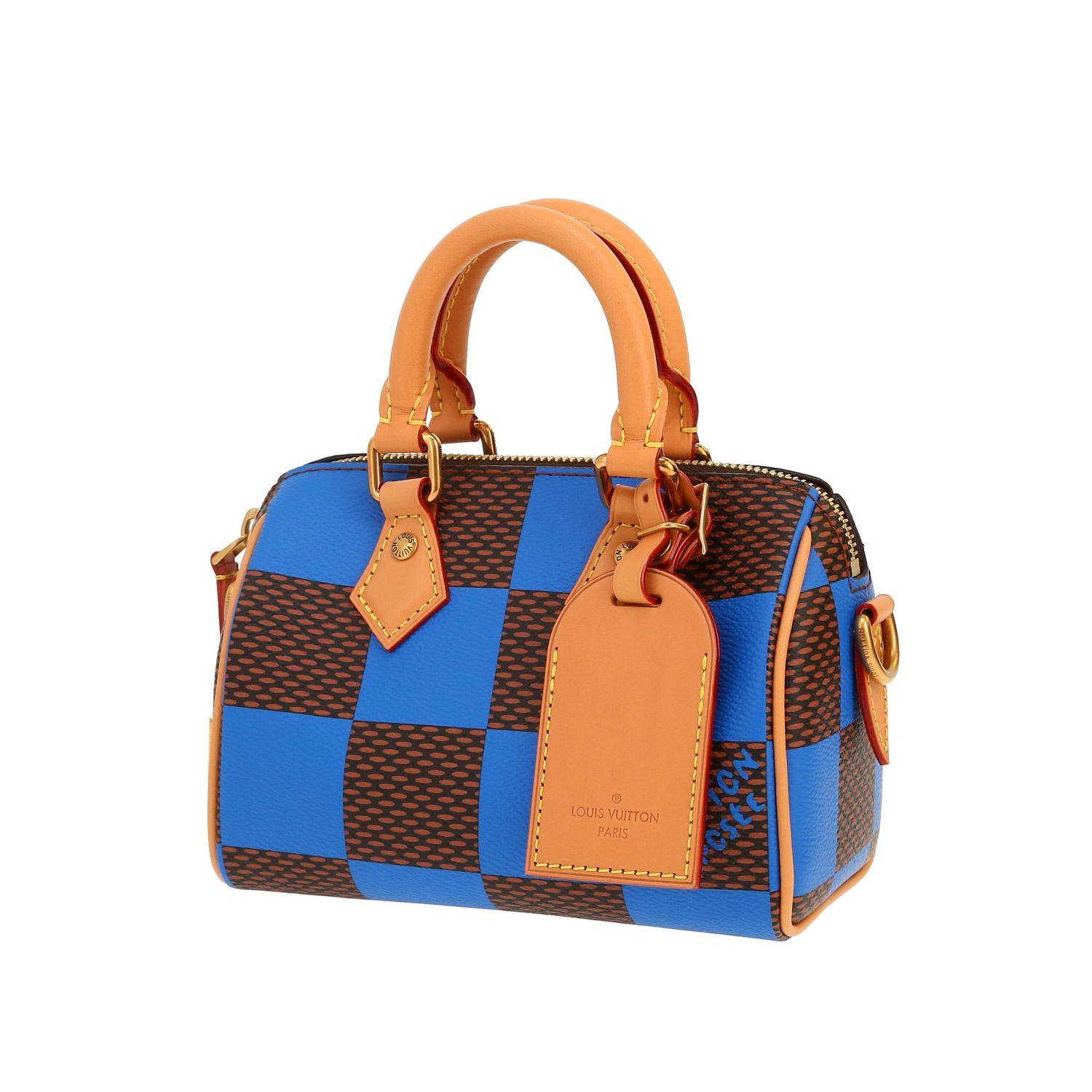Bolso de mano Louis Vuitton  Speedy en lona a cuadros marrón y azul y cuero natural - Detail D4
