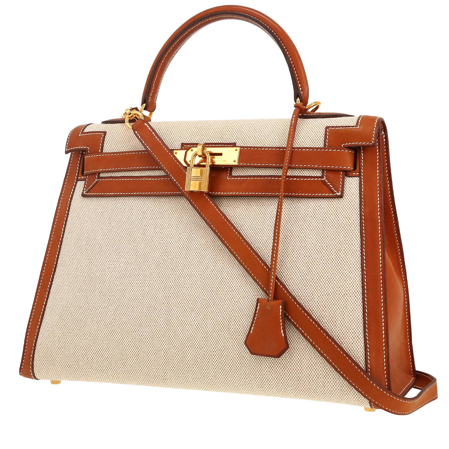 Borsa Hermès  Kelly 32 cm in pelle Barenia gold e tela beige