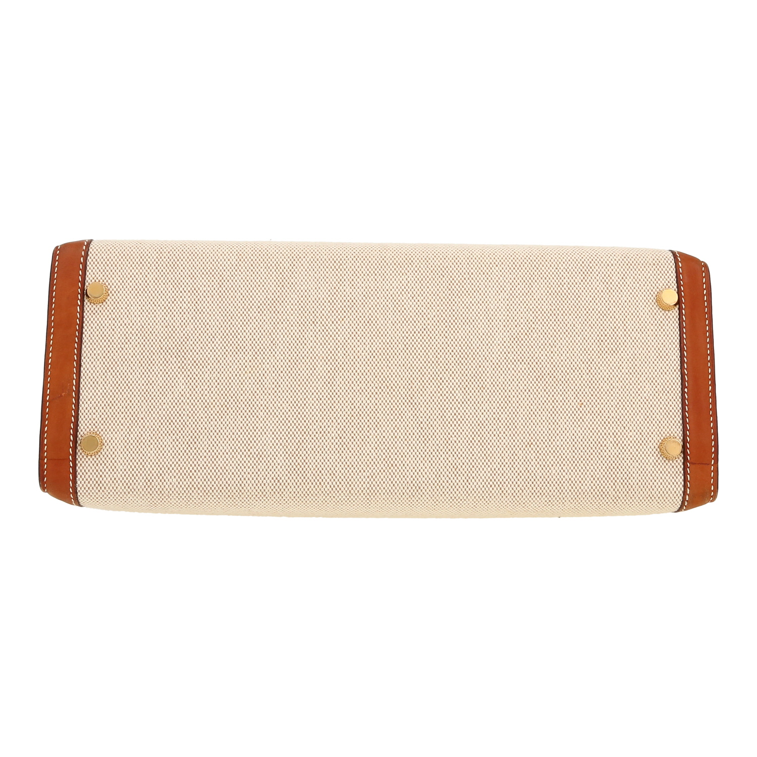 Sac à main Hermès  Kelly 32 cm en cuir Barénia gold et toile beige - Detail D1
