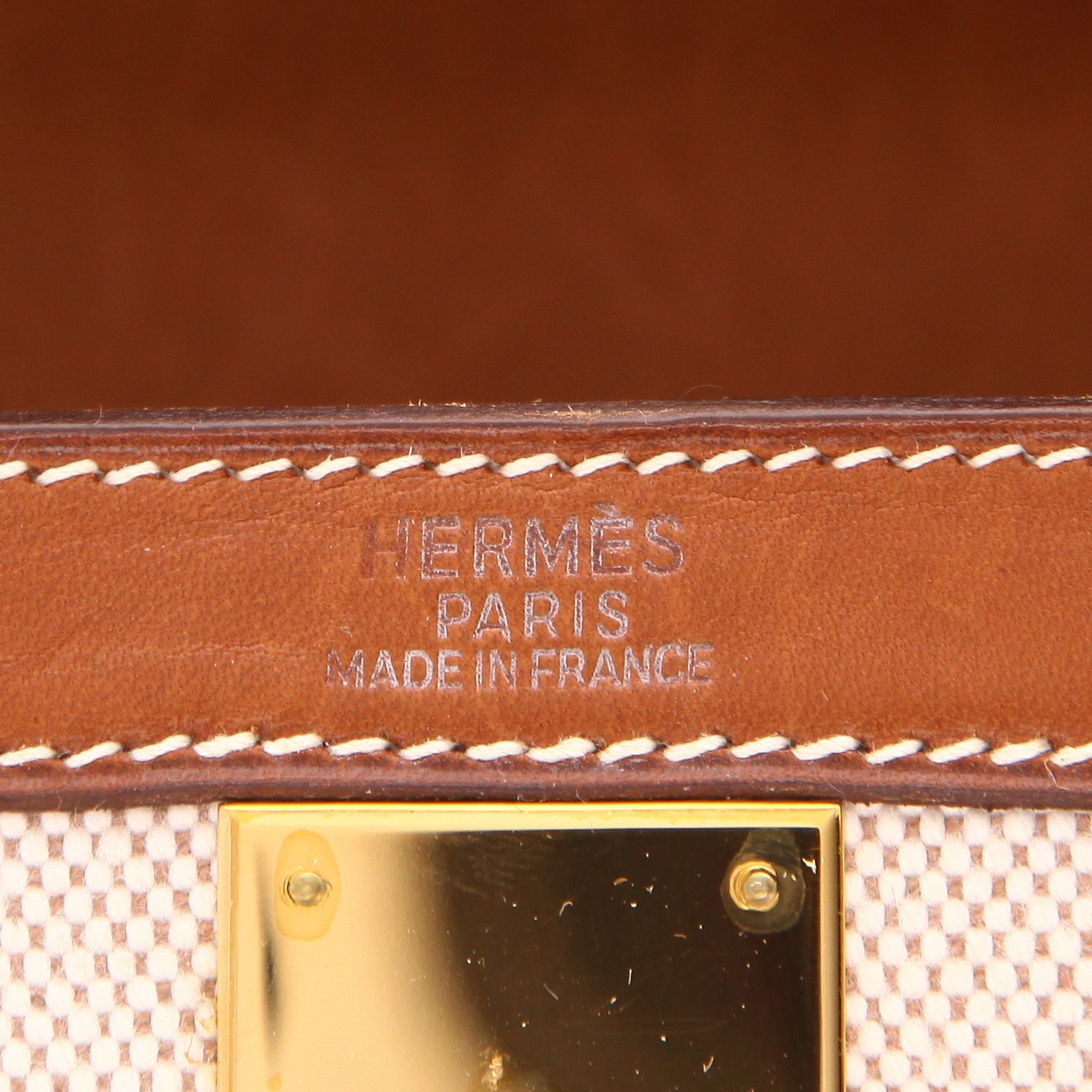 Sac à main Hermès  Kelly 32 cm en cuir Barénia gold et toile beige - Detail D2