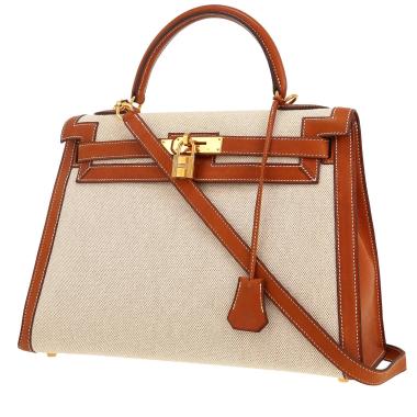 Sac à main Hermès  Kelly 32 cm en cuir Barénia gold et toile beige