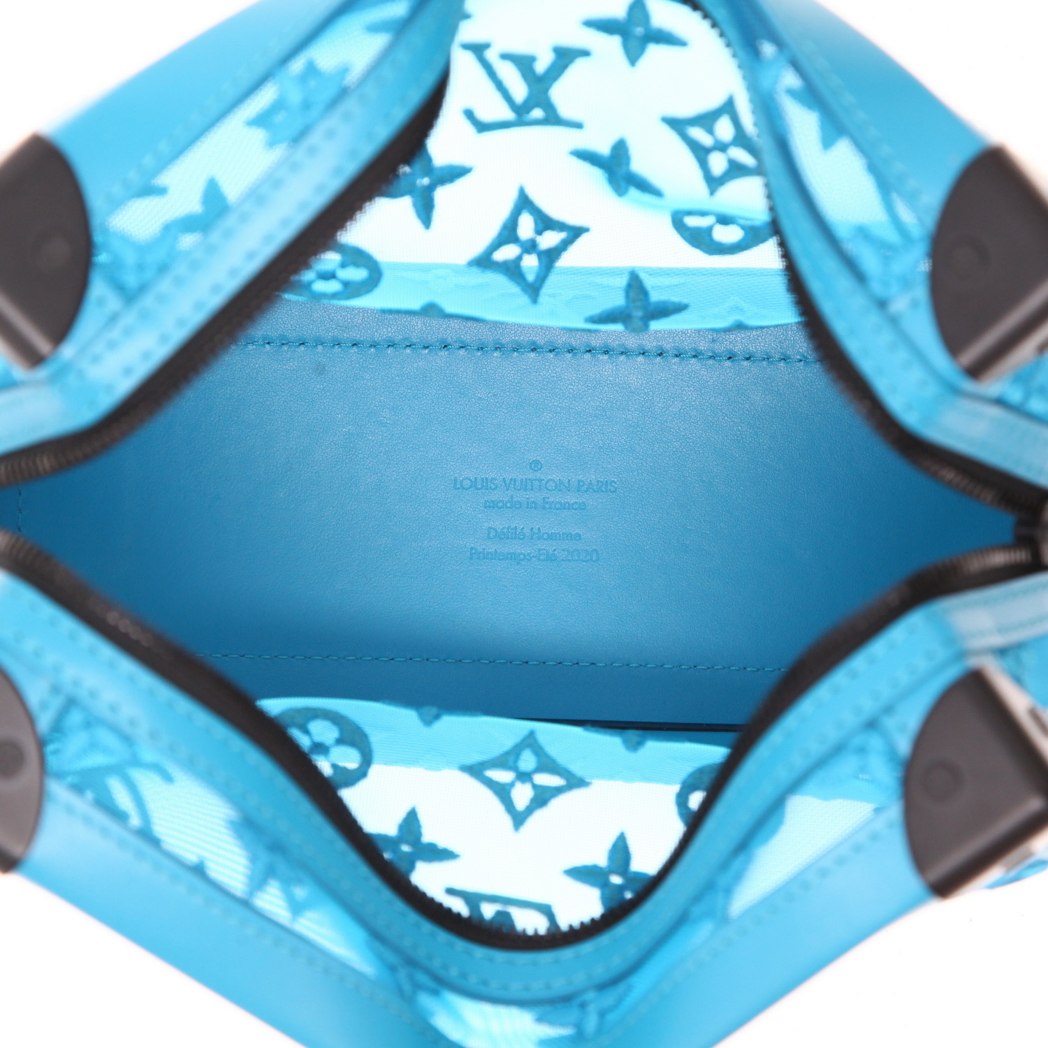 Borsa a tracolla Louis Vuitton  Soft Trunk in pelle blu e tela monogram trasparente - Detail D3