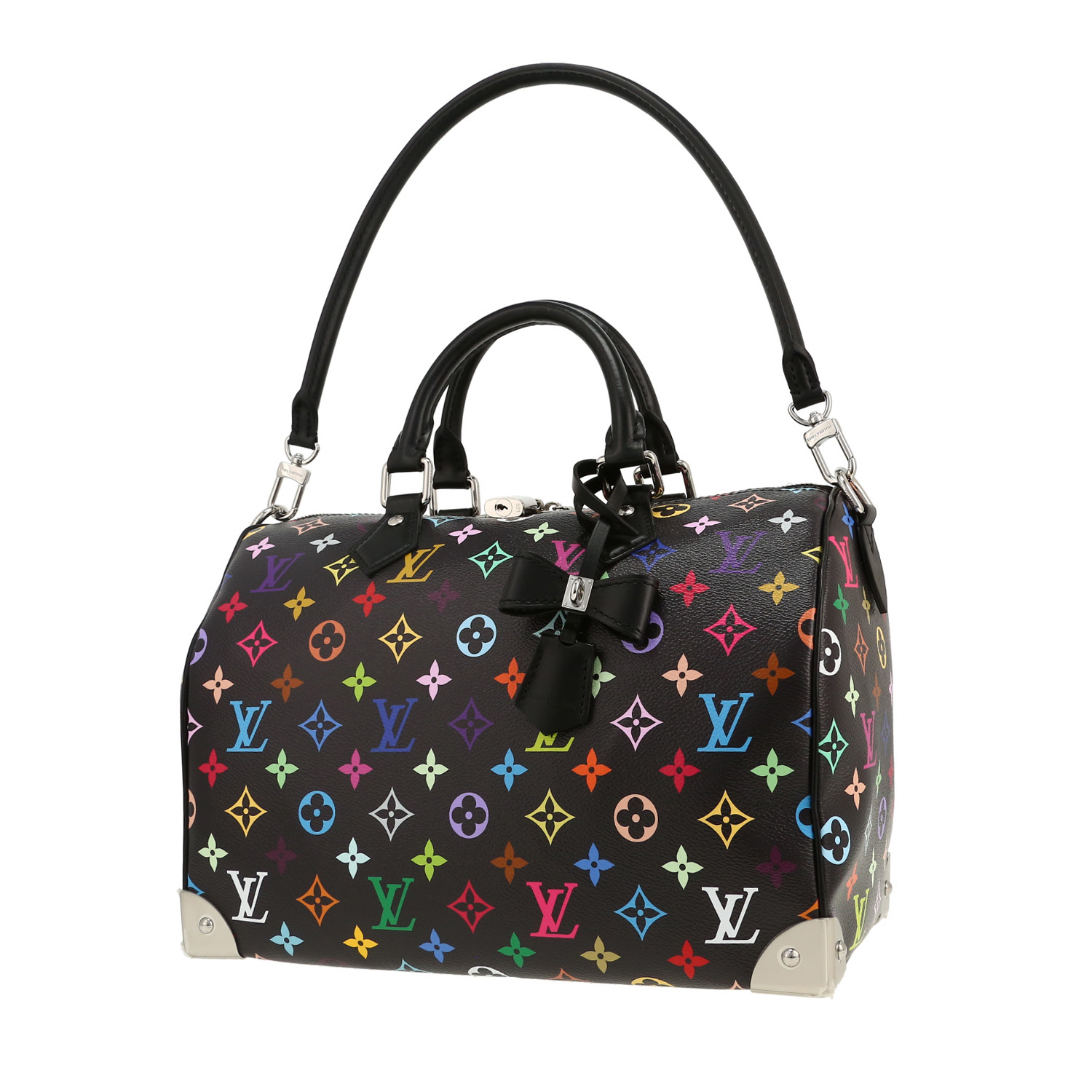 Sac à main Louis Vuitton  Speedy 30 en toile monogram multicolore noire et cuir noir - Detail D4