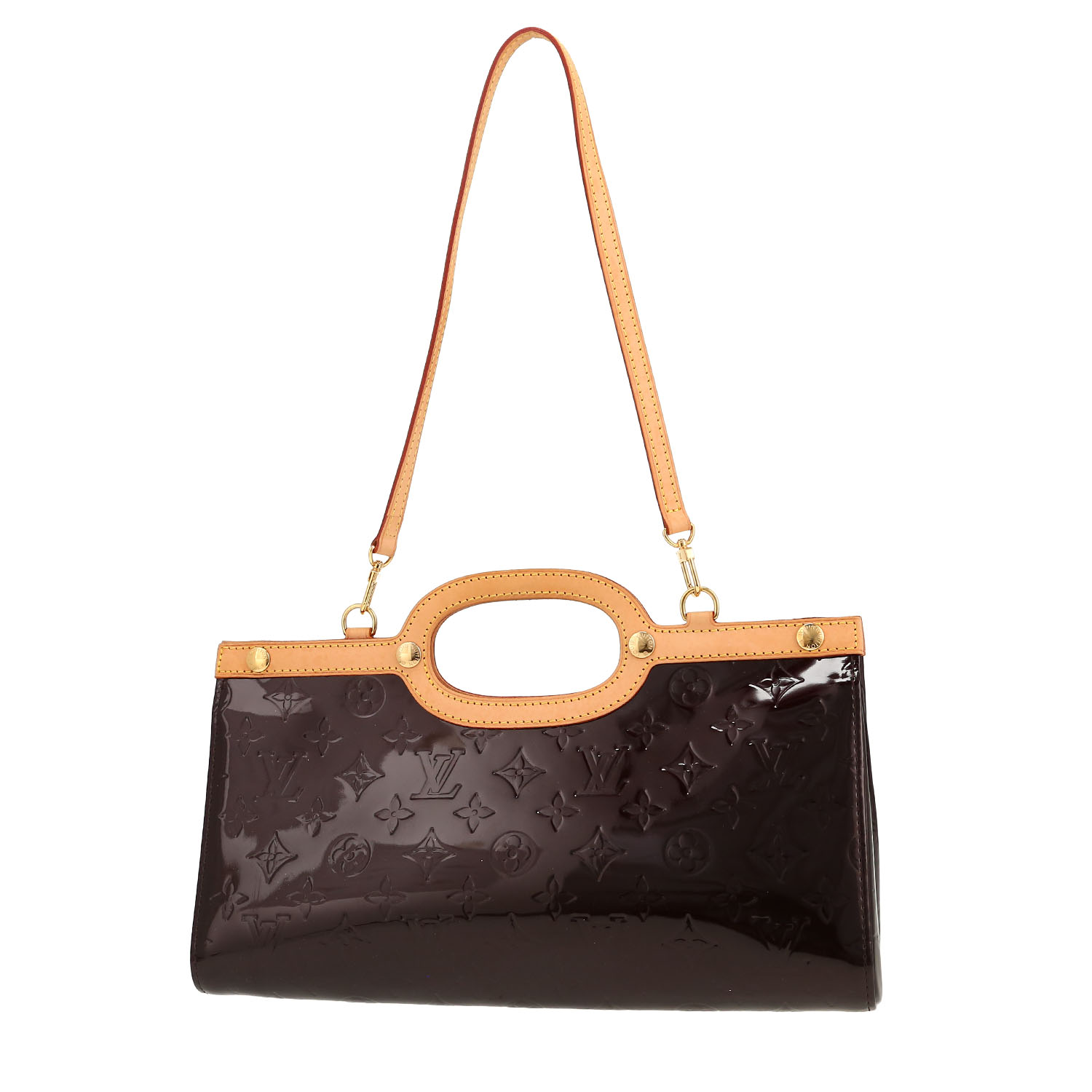 Sac à main Louis Vuitton  Roxbury en cuir verni monogram aubergine et cuir naturel - Detail D4