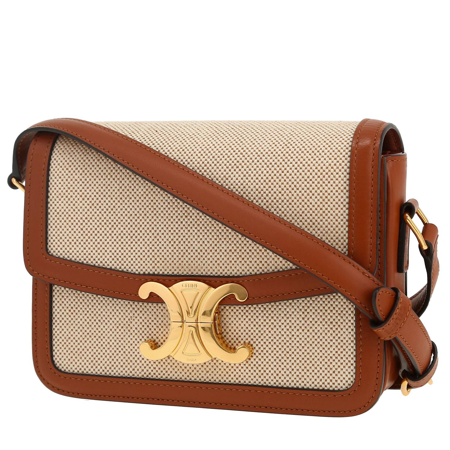 Celine Triomphe Teen shoulder bag in beige canvas and brown leather