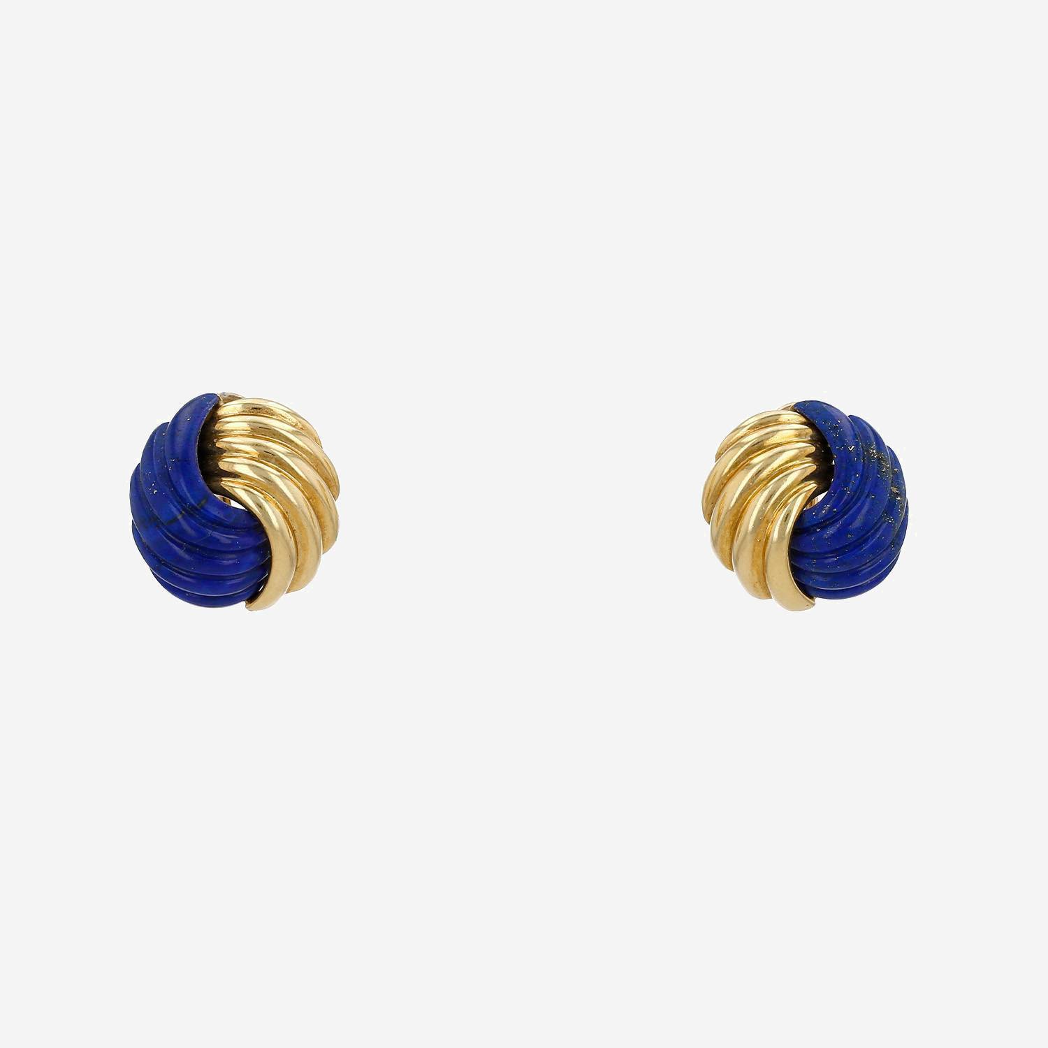 Vintage   1980's earrings for non pierced ears in yellow gold and lapis-lazuli