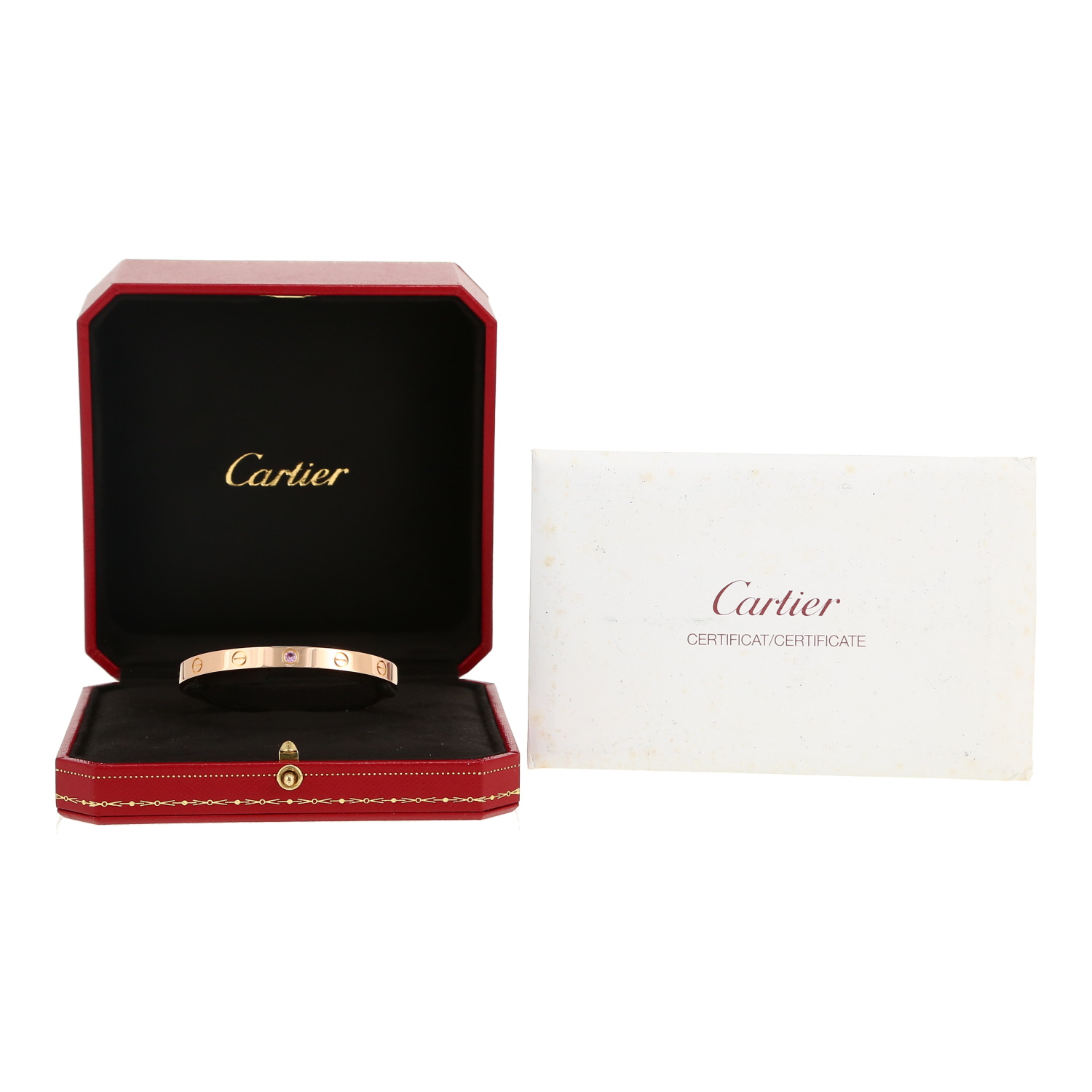 Bracelet ouvert Cartier Love ouvert en or rose et saphir rose - Detail D2