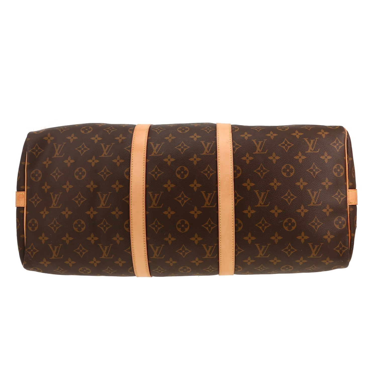 Bolsa de viaje Louis Vuitton Keepall 50 de lona Monogram marrón y piel natural - Detail D1