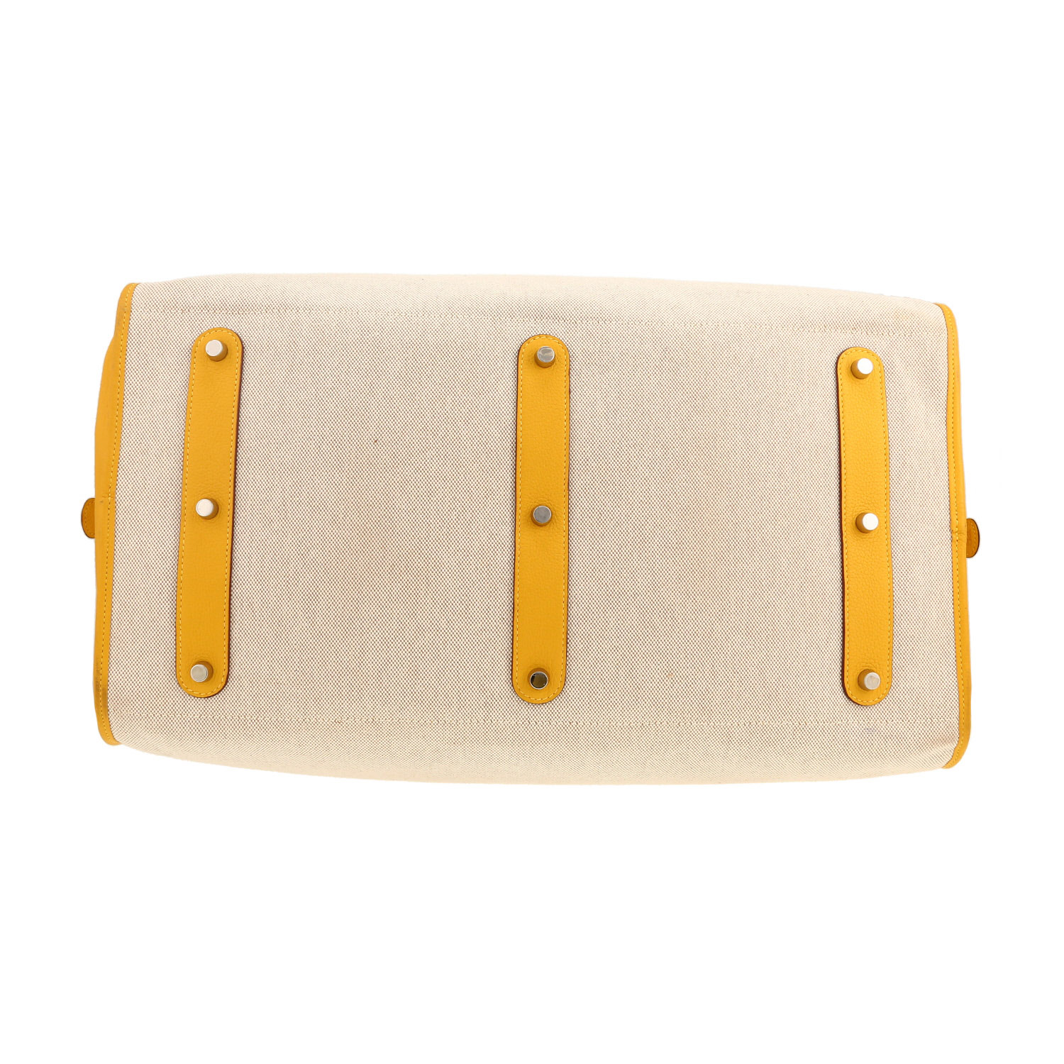 Bolsa de viaje Hermès  Victoria - Travel Bag en tejido "H" y cuero amarillo - Detail D1