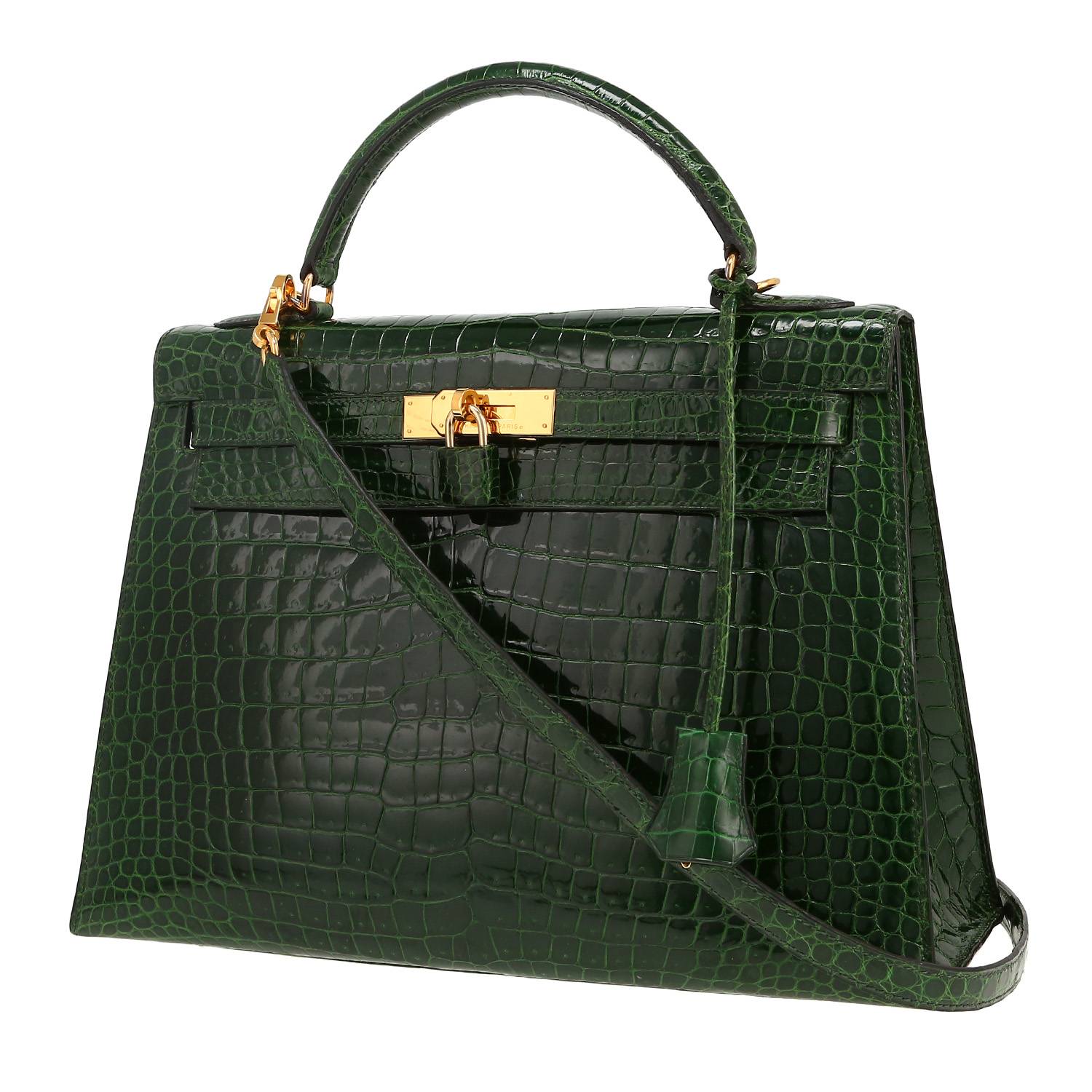 Borsa Hermès  Kelly 32 cm in coccodrillo marino Vert Emeraude
